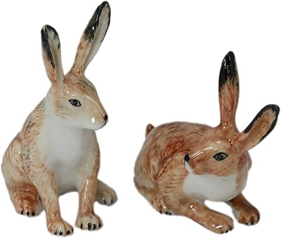 WitnyStore Tiny 2¼" Brown Sitting and Looking Right 2 Poses Hare Figurines - Miniature Hand Made Painted Ceramic Cute Bunny Rabbit Jackrabbit Animal Porcelain Decorative Collectible Figures Décor Gift