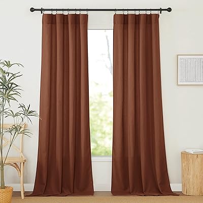 RYB HOME Linen Curtains 84 inch Length 2 Panels Set, Light Filtering Boho Farmhouse Curtain Privacy Window Drapes for Living Room, Home Office, Nursery, 52 Wide inches, Brunt Orange