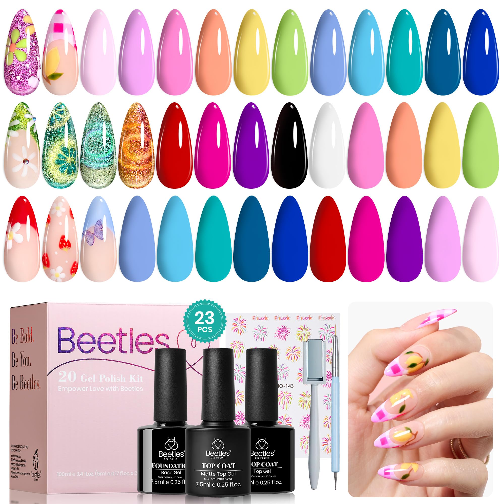 Beetles Gel Nail Polish, 20 Colors Cat Eye Gel Polish Bright Pink Blue White Black Green Purple Pastel Gel Polish Set with 3Pcs Base Top Coat Gel Holiday Nail Gift for Girls Women