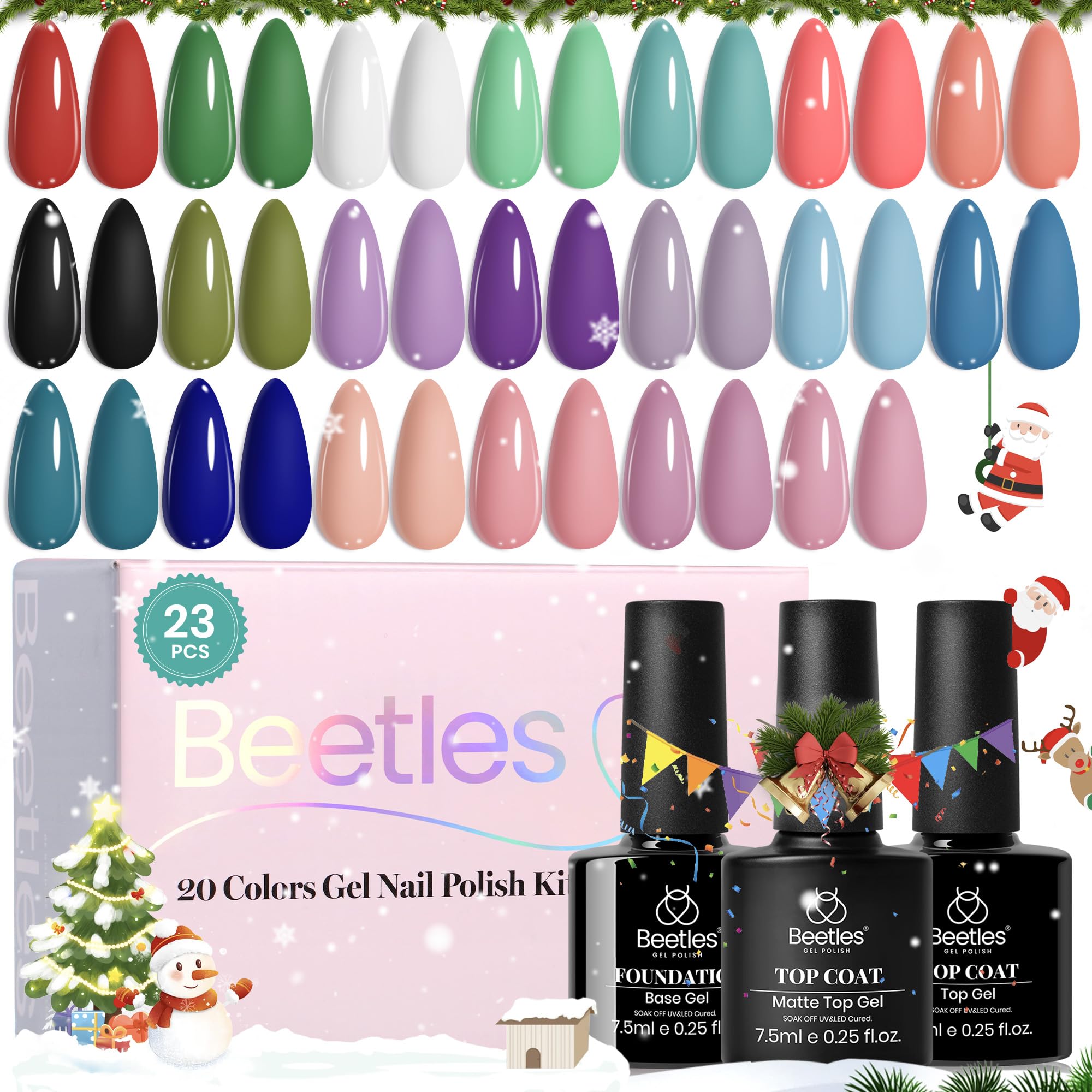 Beetles Gel Nail Polish Set, 23pcs Gel Polish Kit, 20 Colors Green Blue Pink Purple Uv Gel Polish with Base Top Coat, All Season Manicure Tools for Beginners Nail Art Salon Home Gift for Women Girls