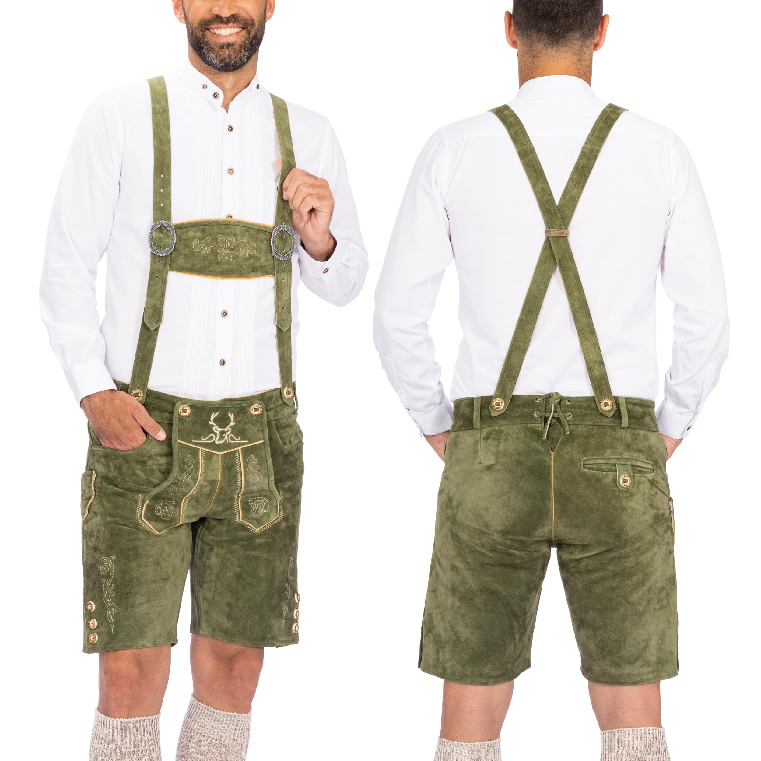 BAVARIA TRACHTEN Lederhosen Men Oktoberfest Costume, Genuine Leather German, Mushroom Brown Short, Green, White, Goat 34 