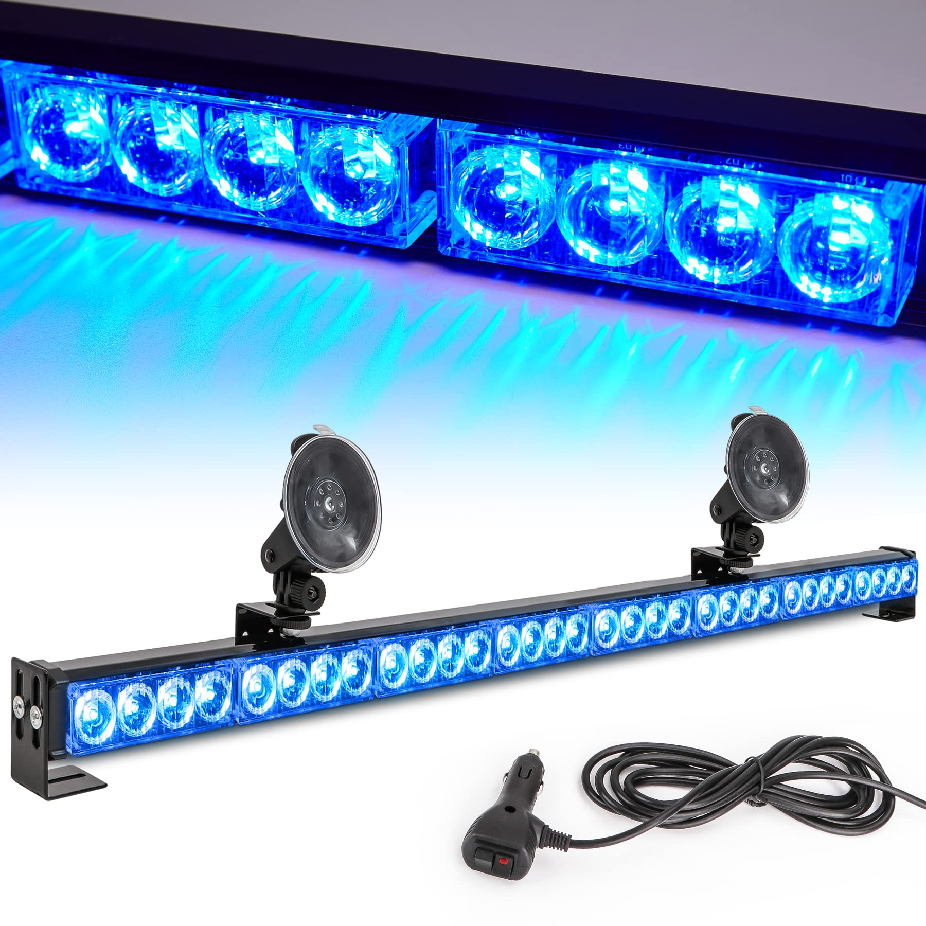 LE-JX Blue Emergency Strobe Light Bar 36in 13 Flash Patterns Traffic Advisor Warning Hazard Windshield Light Bar Safety Lights with Cigar Lighter for Police Vehicles, Cops Truck (35.5in, Blue 32 Led)