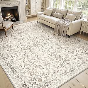 MontVoo-Vintage Area Rugs 8X10 Beige Rugs for Living Room-Soft Distressed Printed Rugs for Bedroom-Non Slip Carpet-Machine Washable Rug for Dining Room Living Room Bedside Office