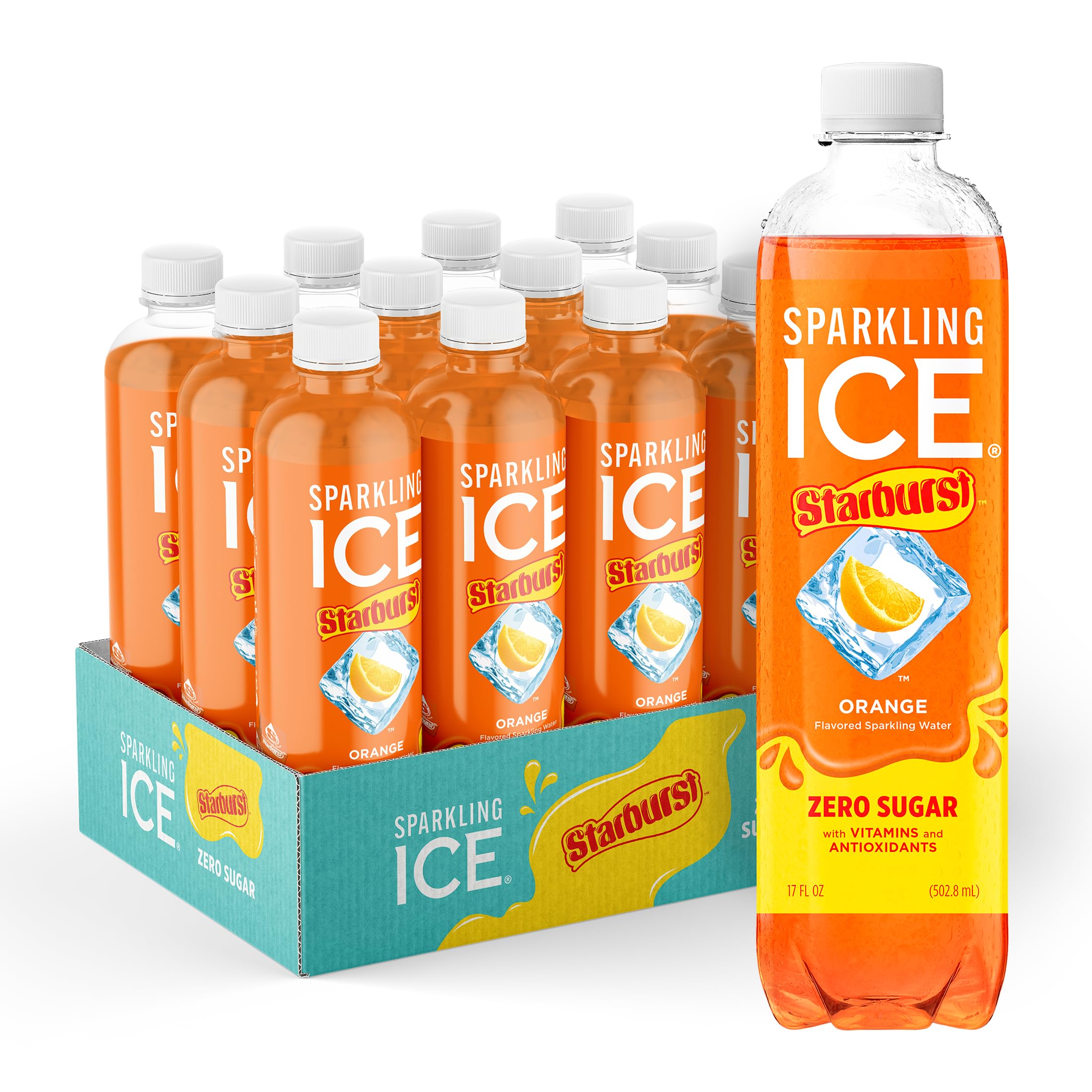 Sparkling Ice STARBURST Orange, Zero Sugar Flavored Sparkling Water, with Vitamins and Antioxidants, Low Calorie Beverage, 17 fl oz Bottles (Pack of 12)