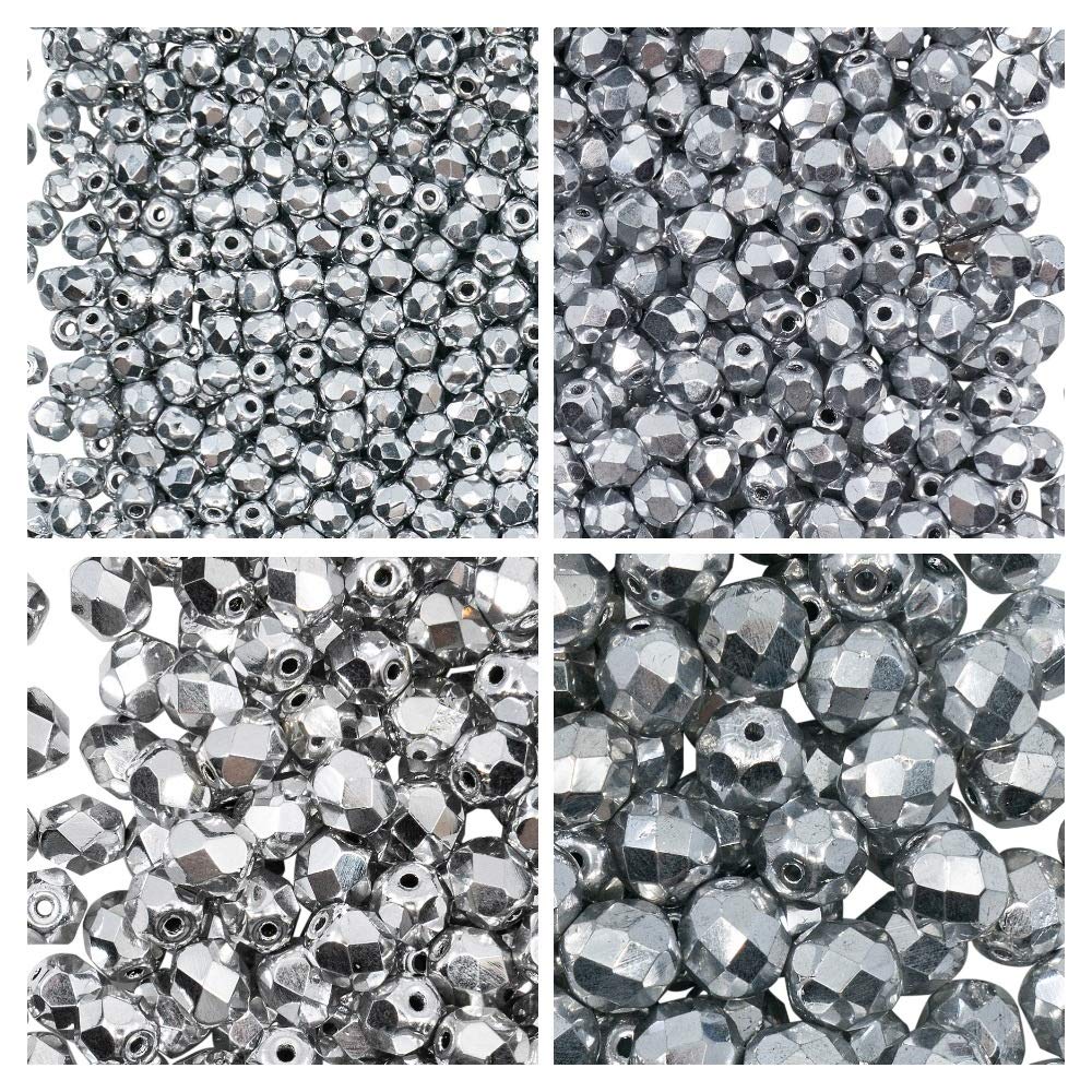 Czech Faceted Glass Beads, Fire-Polished, Round 3 mm, 4 mm, 6 mm, 8 mm, Silver Metallic. Set 1CFP 004 (3FP033 4FP033 6FP033 8FP033)