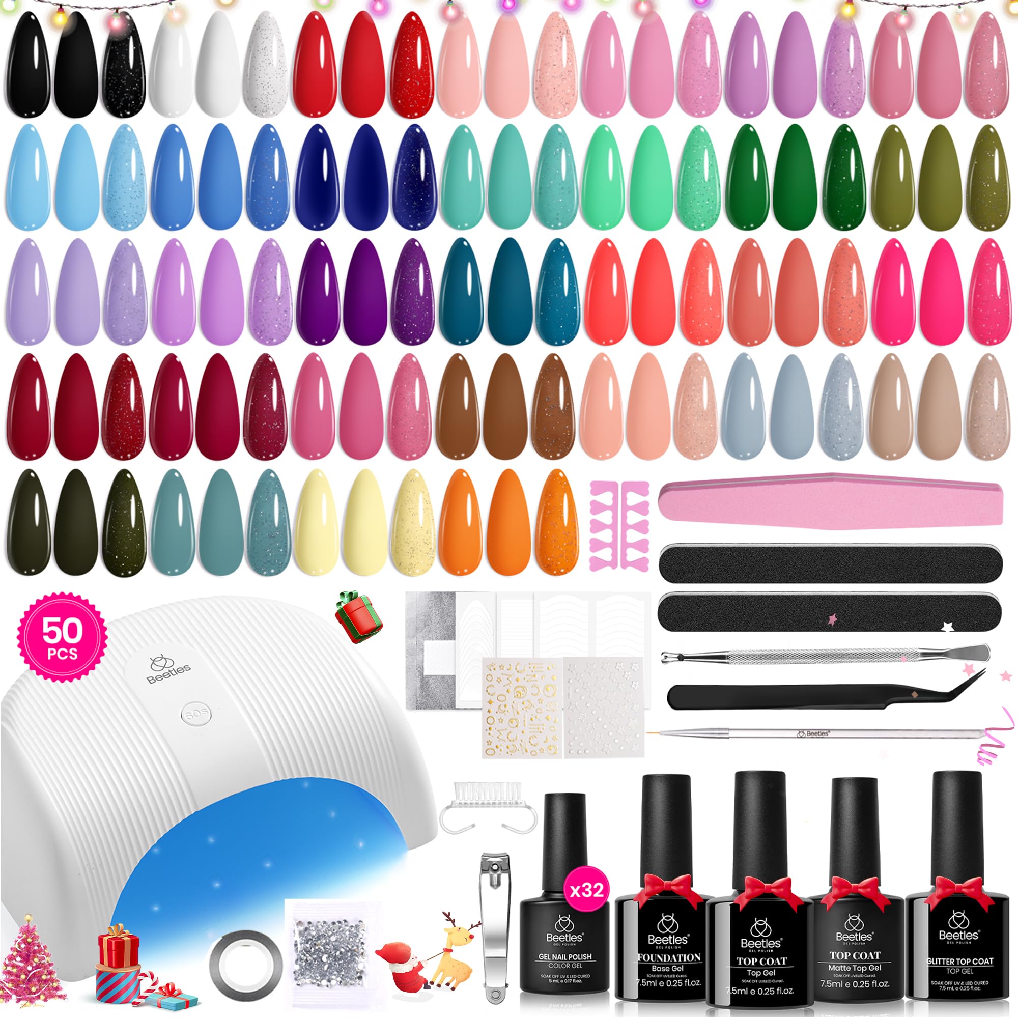 Beetles Gel Nail Polish Kit with U V Light, 32 Colors Gel Polish Nail Kit 50 Pcs Gel Polish Set with Base and Matte&Glossy Top Coat Soak Off All Season Gel Nail Kit Manicure Tools Gifts for Women