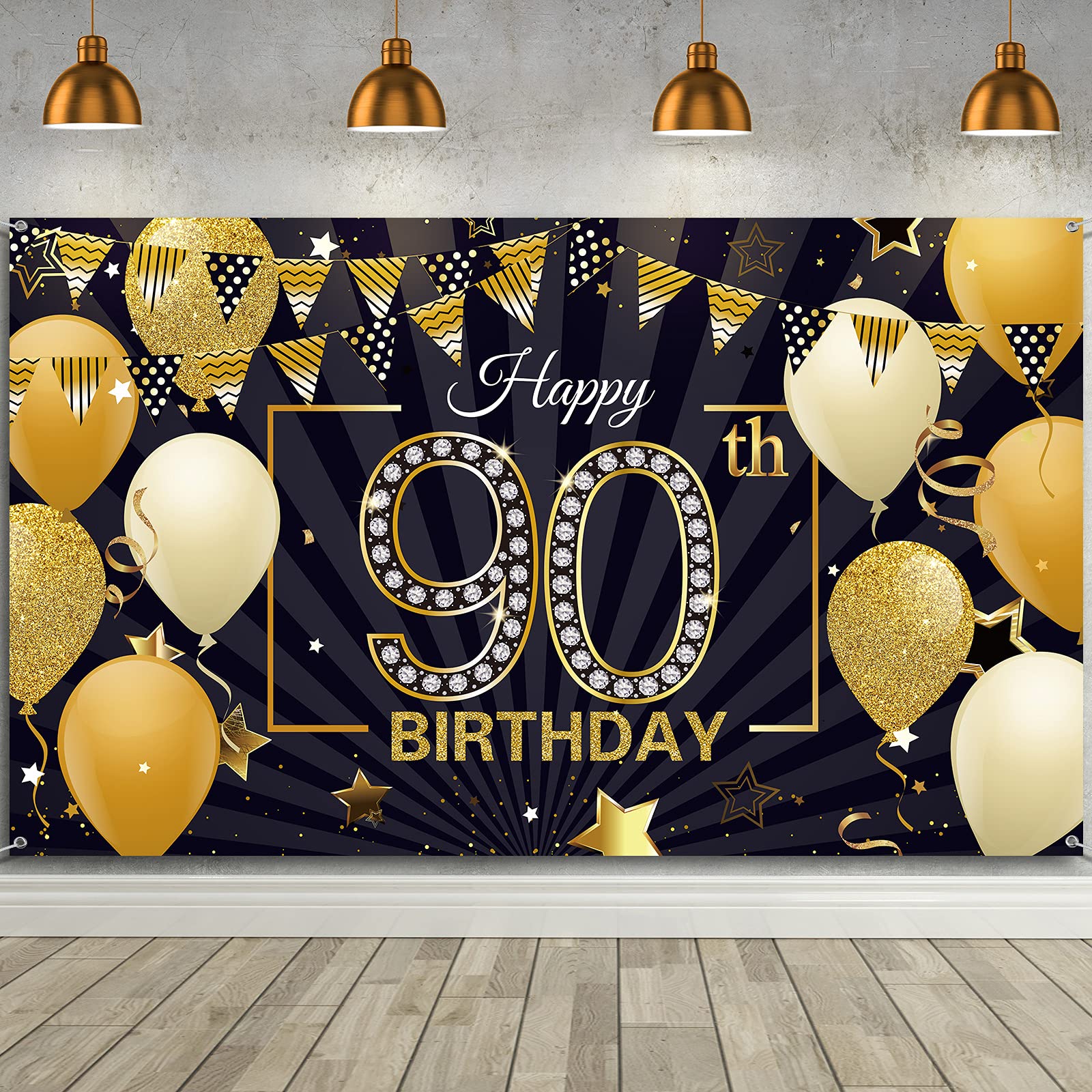 Buy Happy 90th Birthday Backdrop Banner Extra Large Black and Gold 90th ...