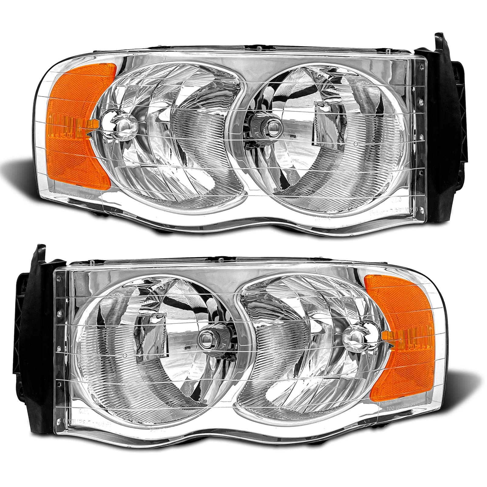 Photo 1 of ADCARLIGHTS 2002-2005 Dodge Ram Headlight Assembly for 2002-2005 Dodge Ram 1500 / 2003-2005 Ram 2500 3500 Clear Lens Chrome Housing with Amber Reflector Headlamp Replacement Left and Right OE Replacement A-Chrome Housing Amber Reflector