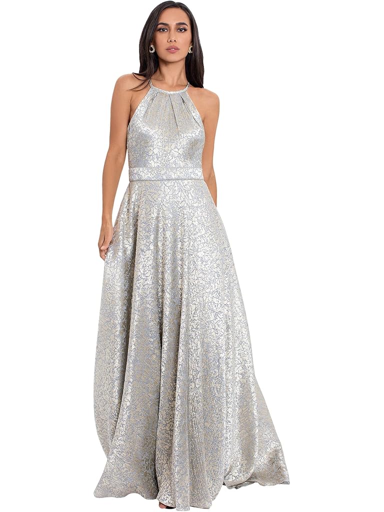 Betsy & Adam Long Halter Metallic Foil Print Gown