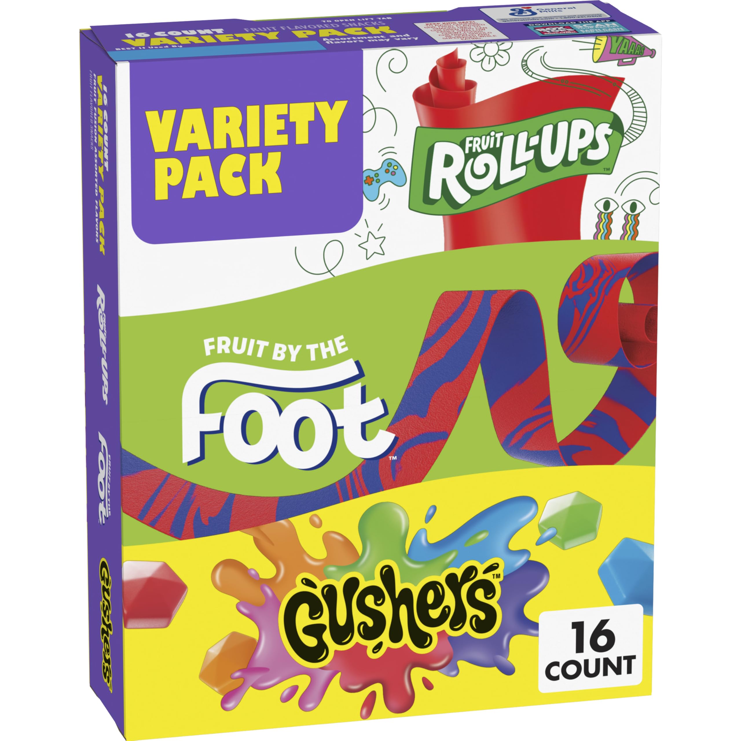 Fruit Roll-Ups, Fruit by the Foot, Gushers, Fruit Flavored Snacks Variety Pack, Gluten Free, Stocking Stuffer, 16 Ct, 10.2 oz