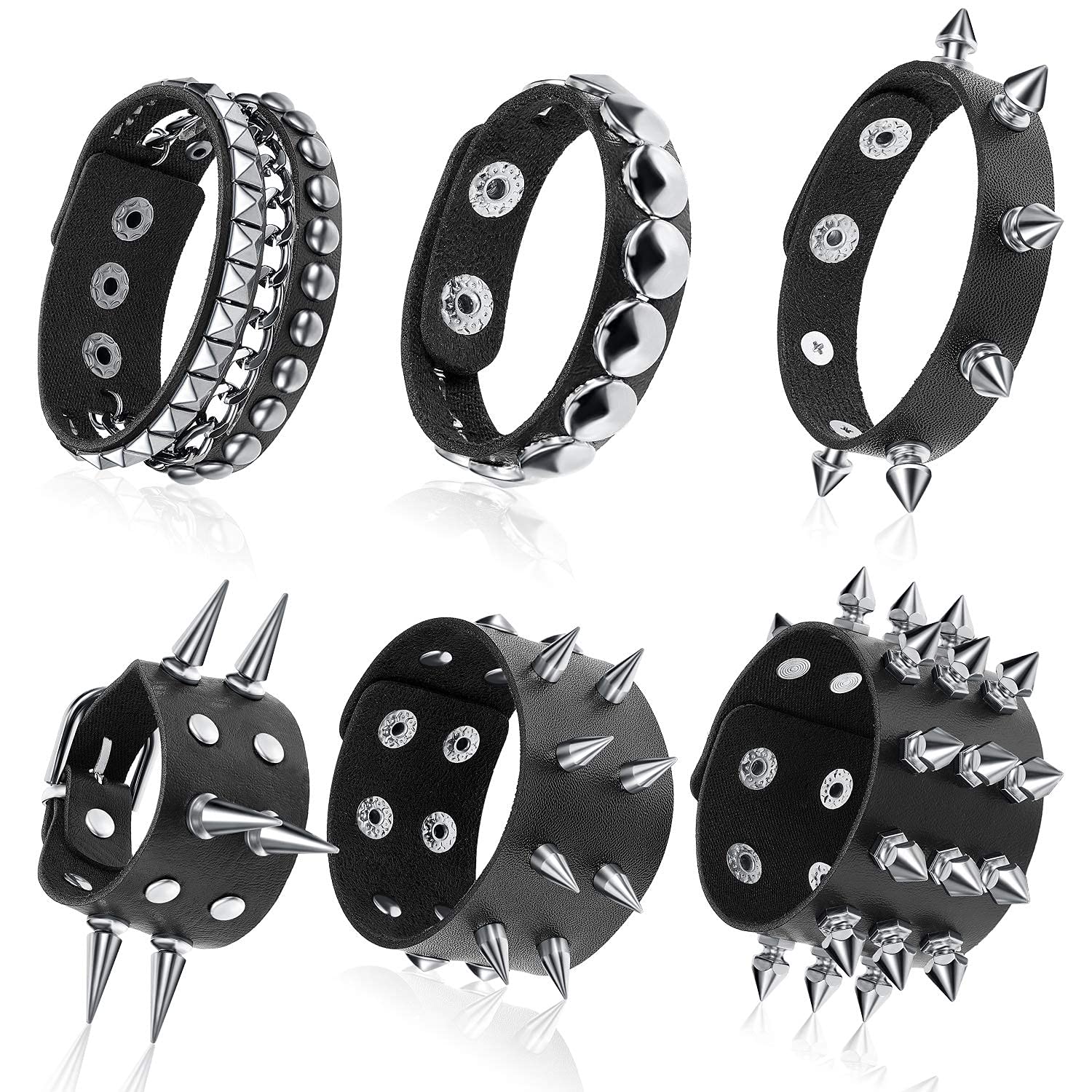 Hicarer6 Pcs Spiked Studded Bracelets Punk Leather Rivets Bracelet Cuff for Men Women Halloween Accessories