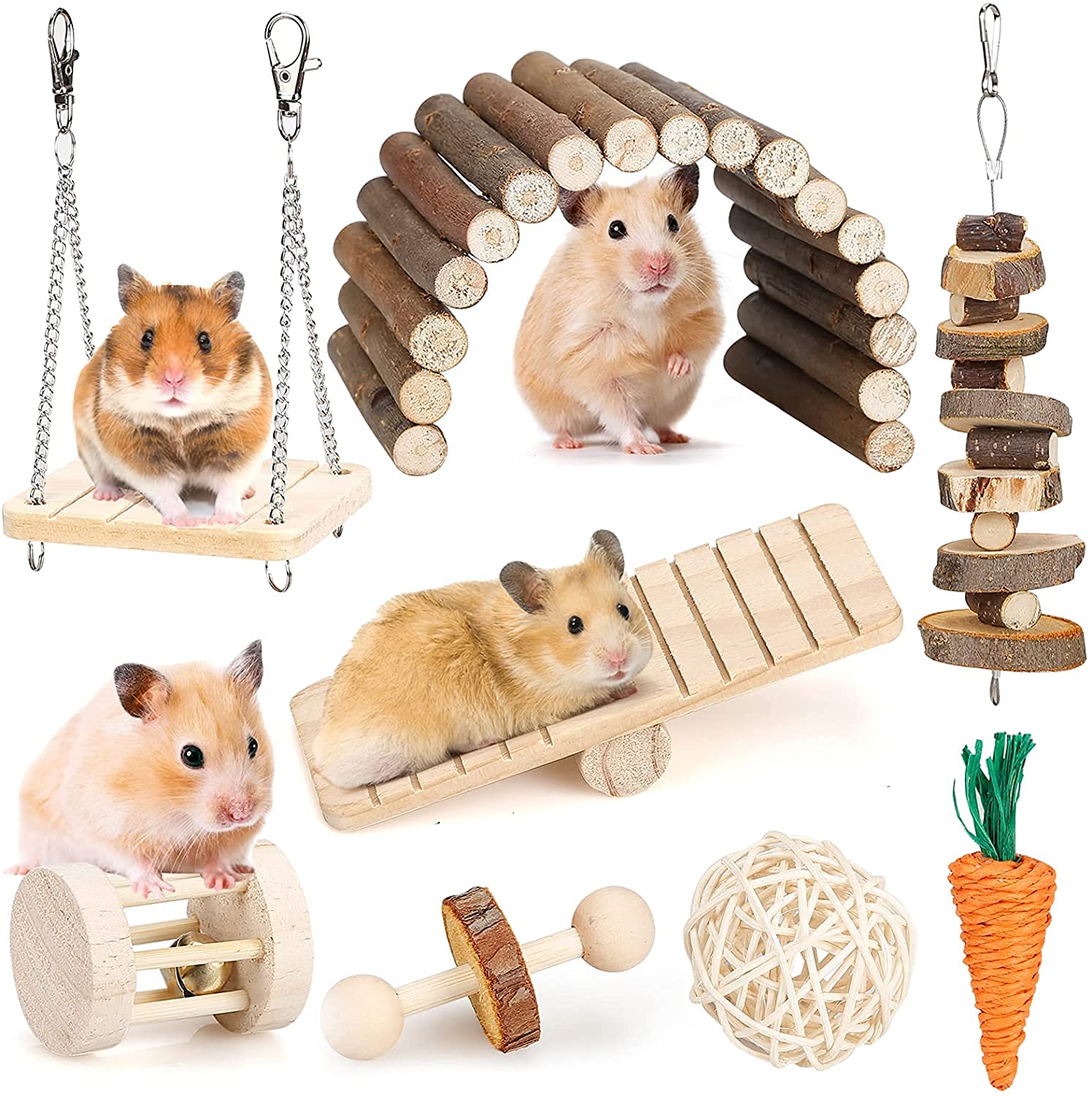 LIENJAER Hamster Chew Toys Set Small Animal Molar Toys Teeth Care Wooden Accessories for Guinea Pigs,Chinchillas,Gerbils,Mice,Rats,Mouse Rodents Toy Swing Seesaw Bridge