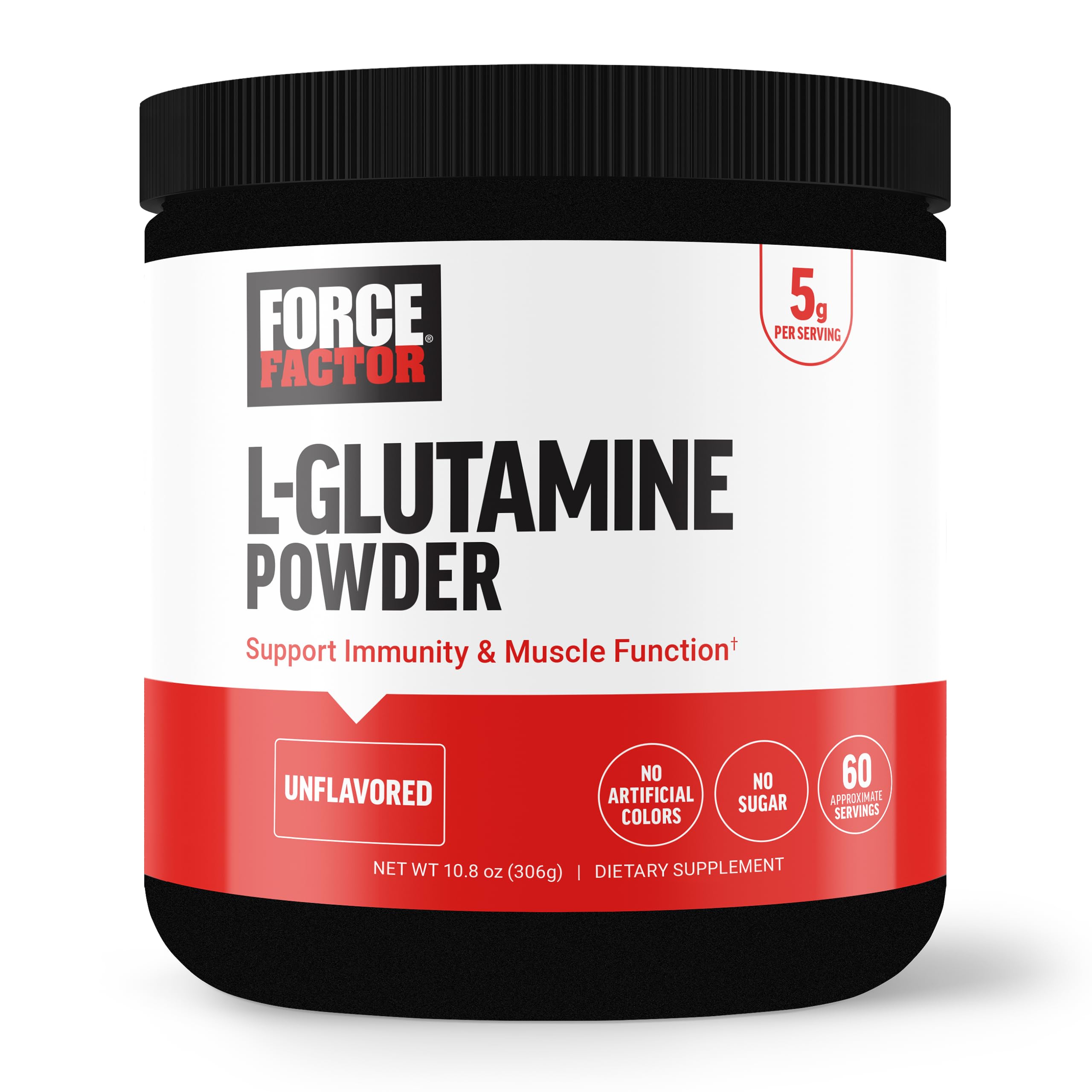 FORCE FACTOR L-Glutamine Powder for Post Workout Recovery, Muscle Recovery, Healthy Muscle Function, and Immunity, 5000mg/5g Glutamine Supplement, Vegan, Non-GMO, 60 Servings