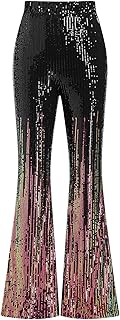 ODIZLI Womens Bell Bottom Sparkle Sequin Flare Pants Elastic High Waisted Bling Glitter Dance Pants