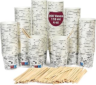 200 Vasos café Desechables 110ml/4oz - Vasos cartón Desechables Blancos con Paletinas de Madera - Vasos Papel para Café Co...