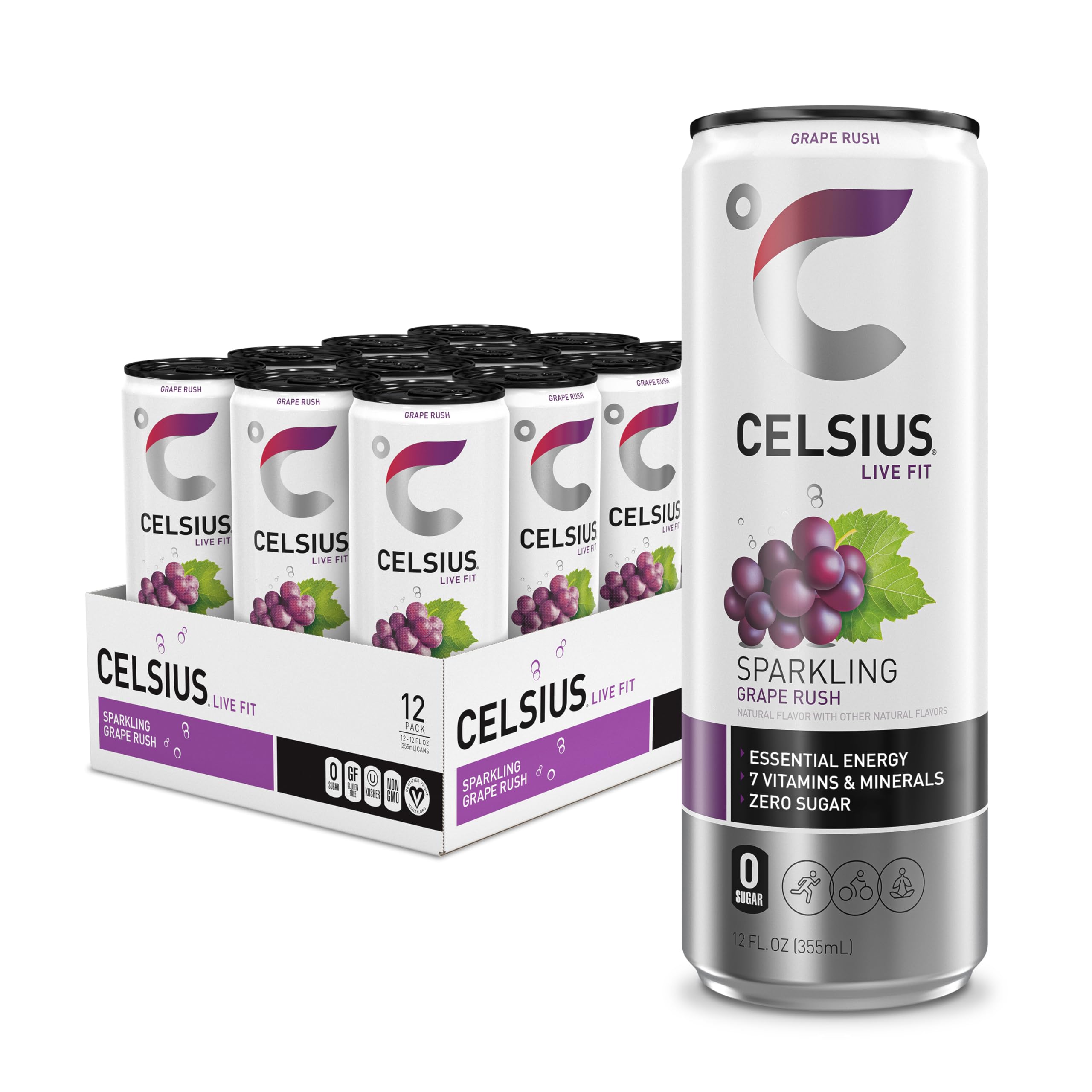 CELSIUSZero Sugar Sparkling Grape Rush Fitness Drink, Pack of 12,12oz