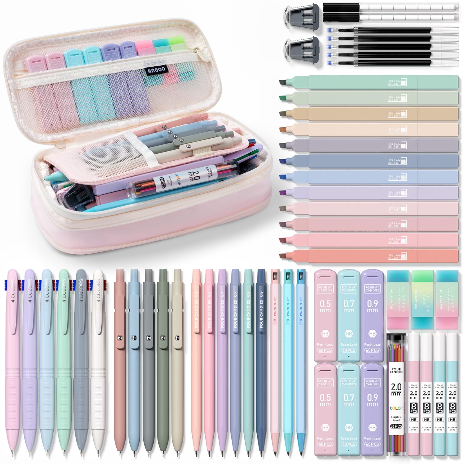 Four Candies 56 PCS Aesthetic School Supplies with Large Pencil Case, 6 Colored Ballpoint Pens, 12 Pastel Highlighters, 5 Black Ink Gel Pens, 9 Mechanical Pencils 0.5-2.0mm Student Essentials (Pink)