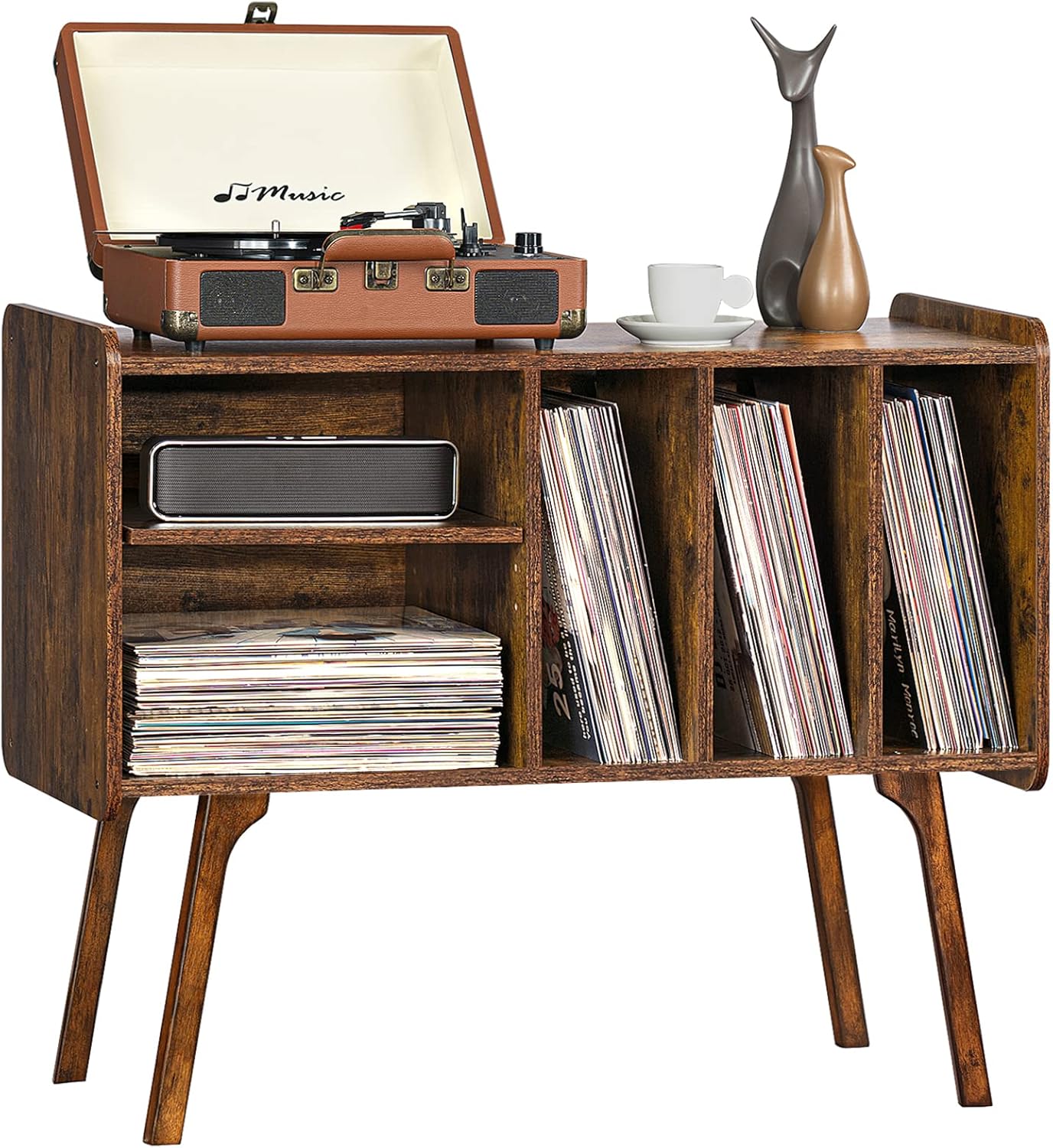 Lerliuo Record Player Stand with 4 Cabinet Holds Up to 220 Albums, Large Turntable Stand with Beech Wood Legs, Mid-Century Record Player Table,Retro Brown Vinyl Holder Storage for Bedroom Living Room