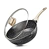 CAROTE 12Inch Nonstick Deep Frying Pan with Lid, 5.5 Qt Jumbo Cooker Saute Pan with Pour Spout, Skillet Induction Cookware, Non Stick Cooking Pan PFOA Free, Classic Granite