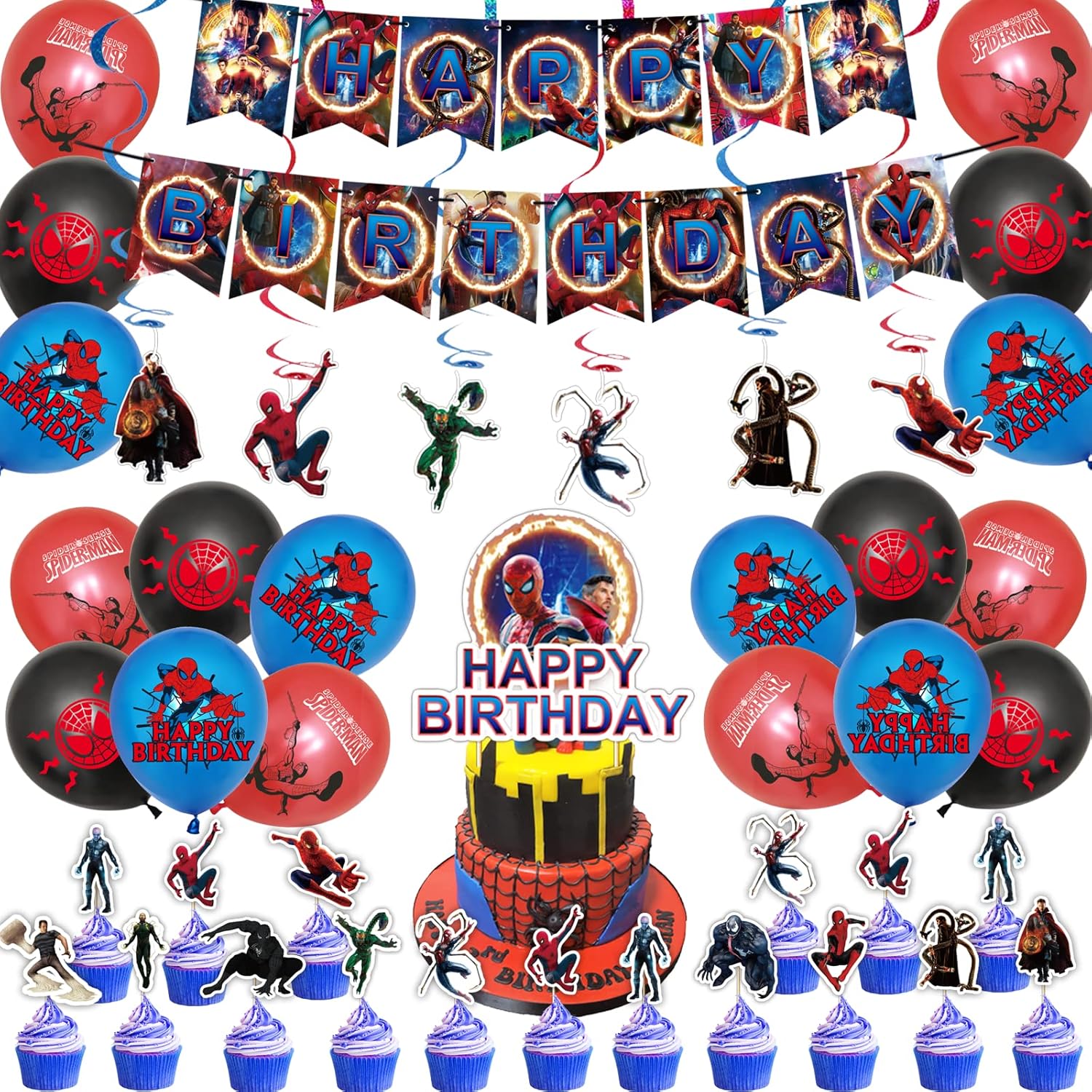 LEOSHI Spiderman Birthday Decorations, With Birthday Banner, Hanging ...