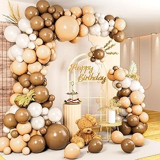 157PCS Brown Balloon Garland Arch Kit, Different Sizes of Coffee Brown Beige White Bohemian Latex Balloons for Forest Tedd...