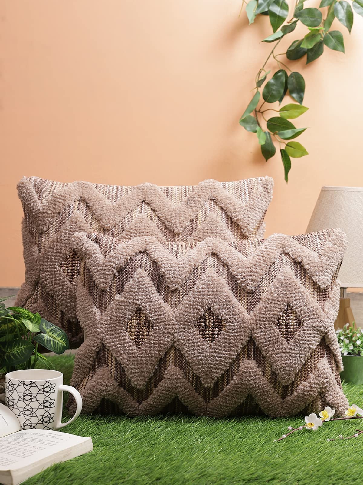 ROMEE Cotton Tufted Pillow Cushion Cover Hand Woven, Zigzag Pattern for Living Room, Sofa Chair (12 X 18 Inches, Off White & Brown, Pack of 2)