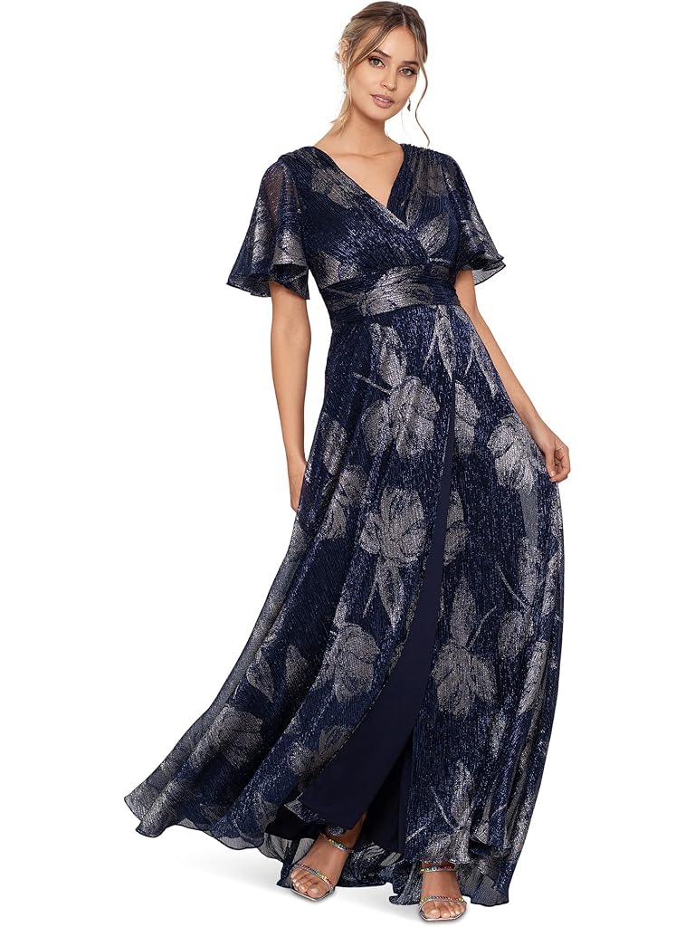 Betsy & Adam Long Flutter Sleeve Foil Print Gown