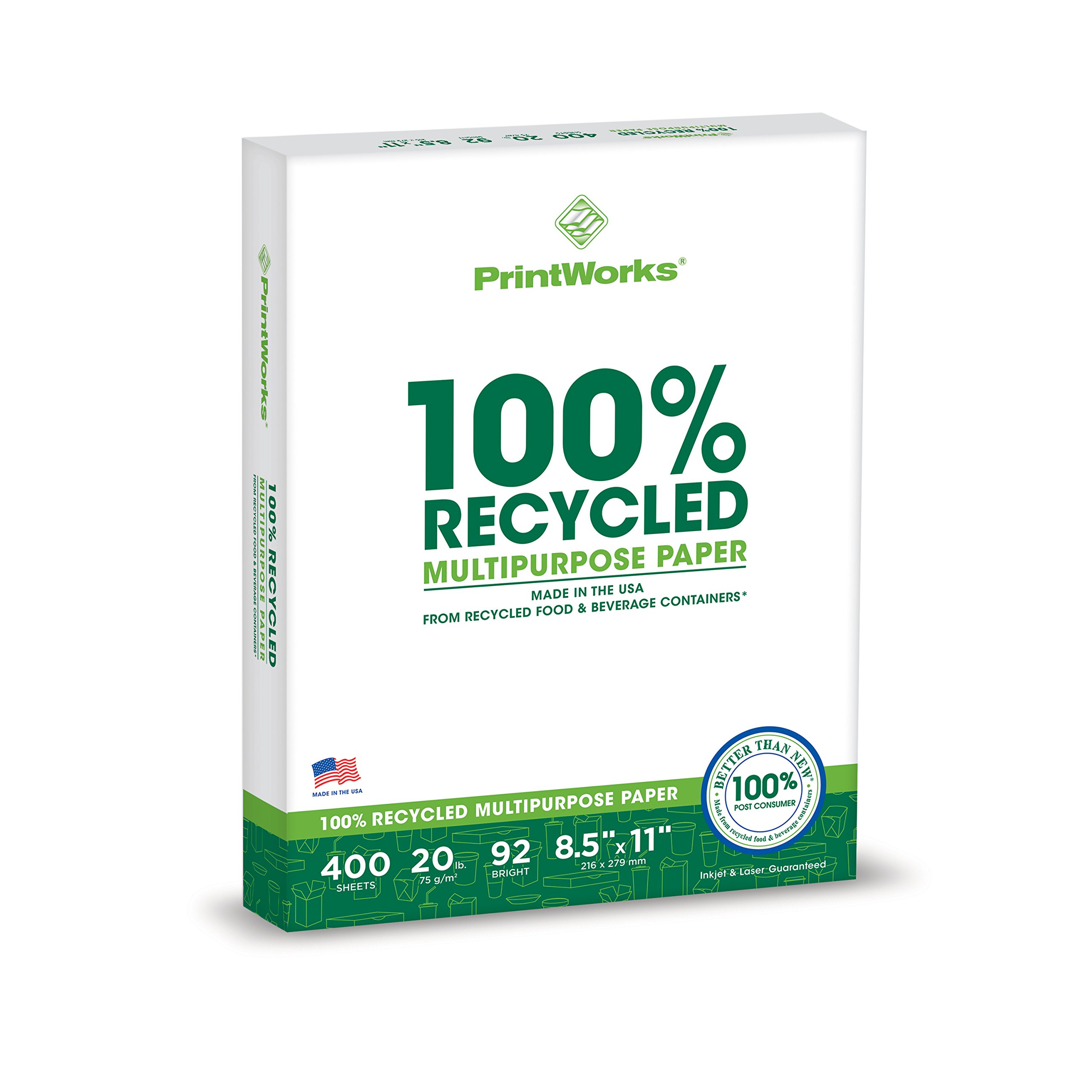 Printworks 100 Percent Recycled Multipurpose Paper, 20 Pound, 92 Bright, 8.5 x 12.5 cm, 400 sheets (00018), White