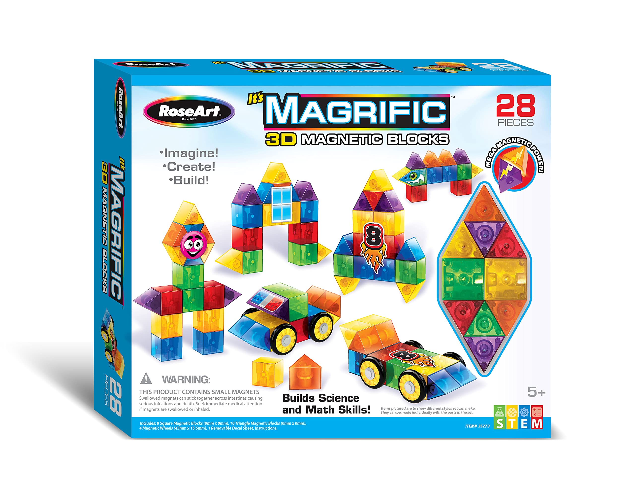 Cra-Z-Art Magrific 3D Magnetic Blocks 28 Piece Set - Colorful Magnet Building Tiles with 3D Blocks, Vehicle Wheels - STEM Skills