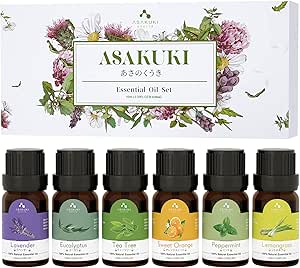 ASAKUKI Essential Oils Set, Starter Kit Essential Oils for Diffusers for Home Top 6 Aromatherapy Oils Gift Set 6 * 10mL, Includes Lavender, Eucalyptus, Lemongrass, Tea Tree, Sweet Orange, Peppermint