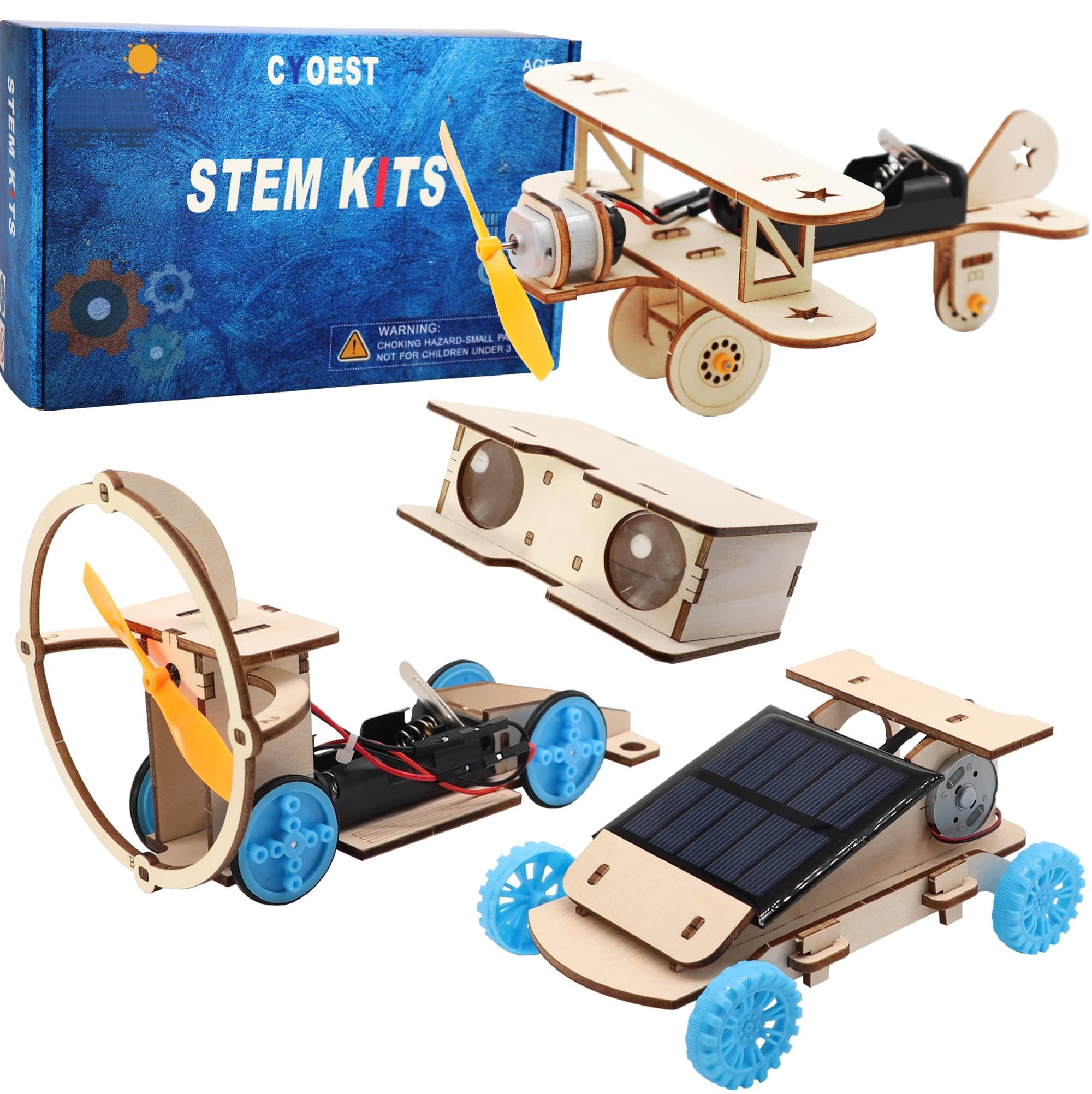 CYOEST DIY Wooden Science Experiment Model Kit Solar Power Car,Electric Motor Biplane Glider,Toy Binoculars and Wind Power Car,STEM Educational Building Project for Kids Boys & Girls,4 in 1 Set