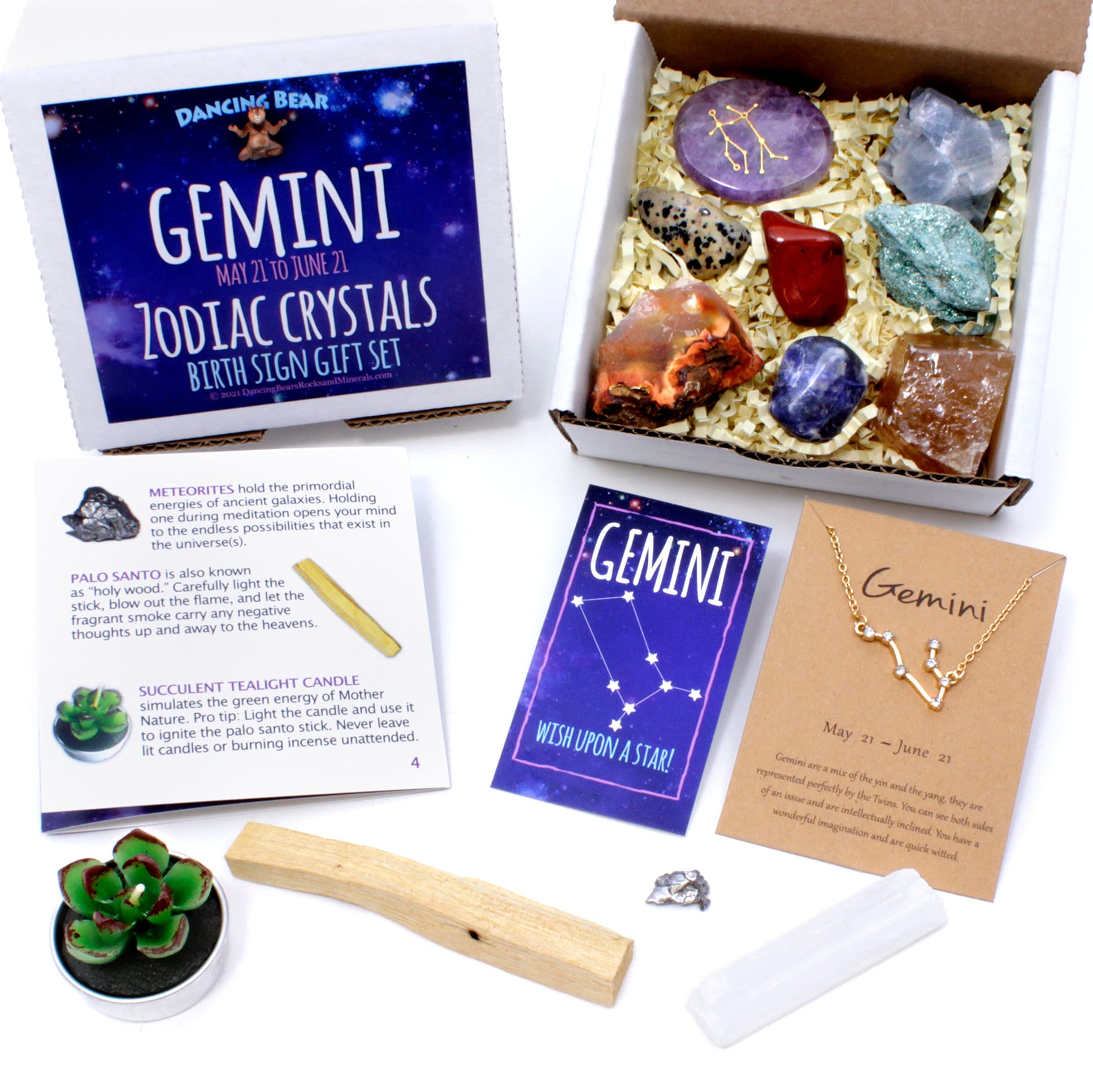 DANCING BEAR Gemini Zodiac Healing Crystals Gift Set (14 Pc): 9 Stones, 18K Gold-Plated Constellation Necklace, Meteorite, Succulent Candle, Palo Santo Smudge Stick, and Info Guide, Made in The USA