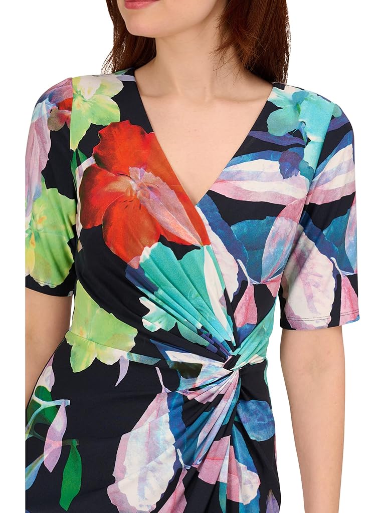 Adrianna Papell Printed Stretch Crepe Chiffon Short Sleeve Side Wrap Dress