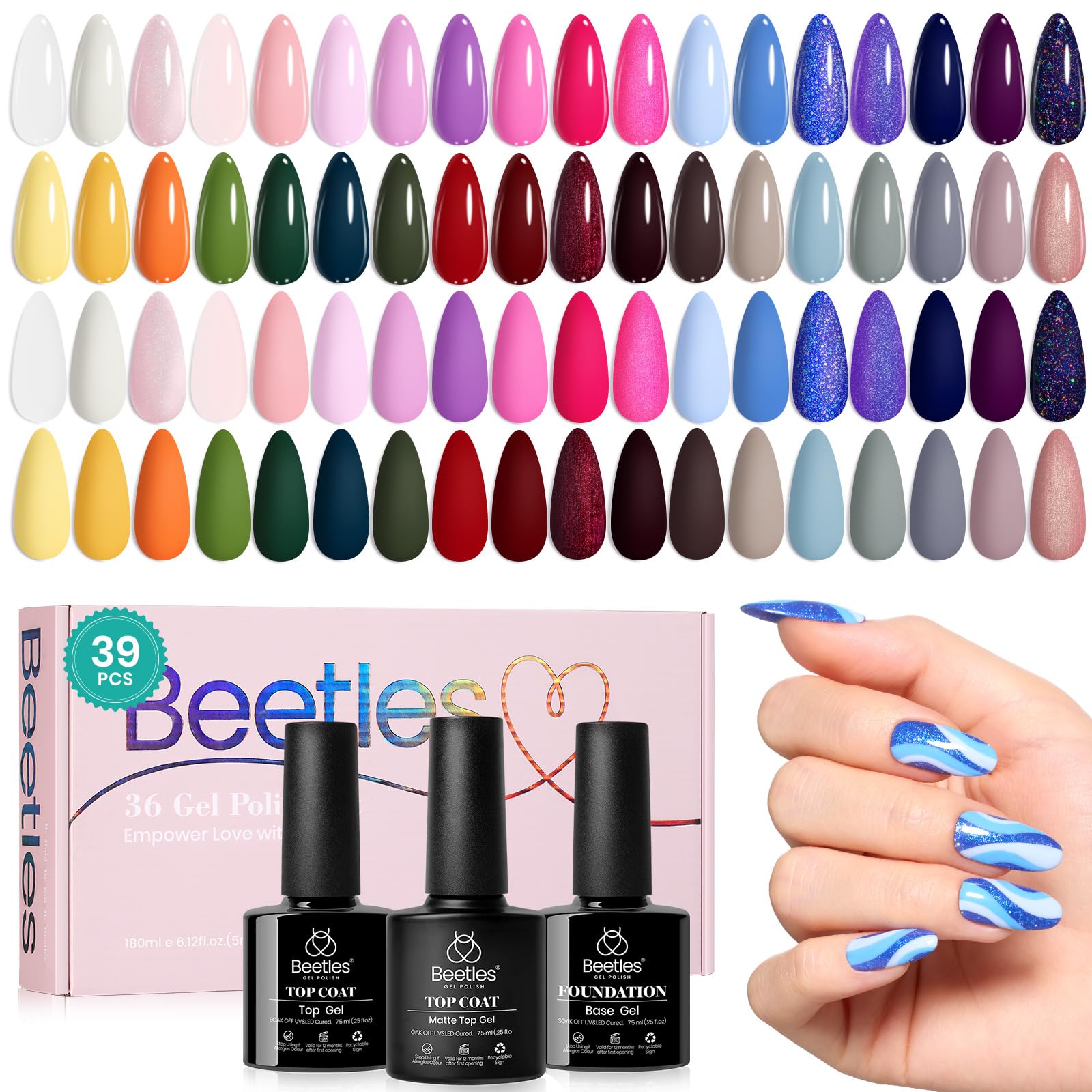 Beetles Gel Nail Polish, 36 Colors Palette Green Brown Pink Yellow Blue Nude Glitter Color Gel Polish with Base Matte& Glossy Top Coat Soak Off All Seasons Gift Halloween Nail for Women Girls