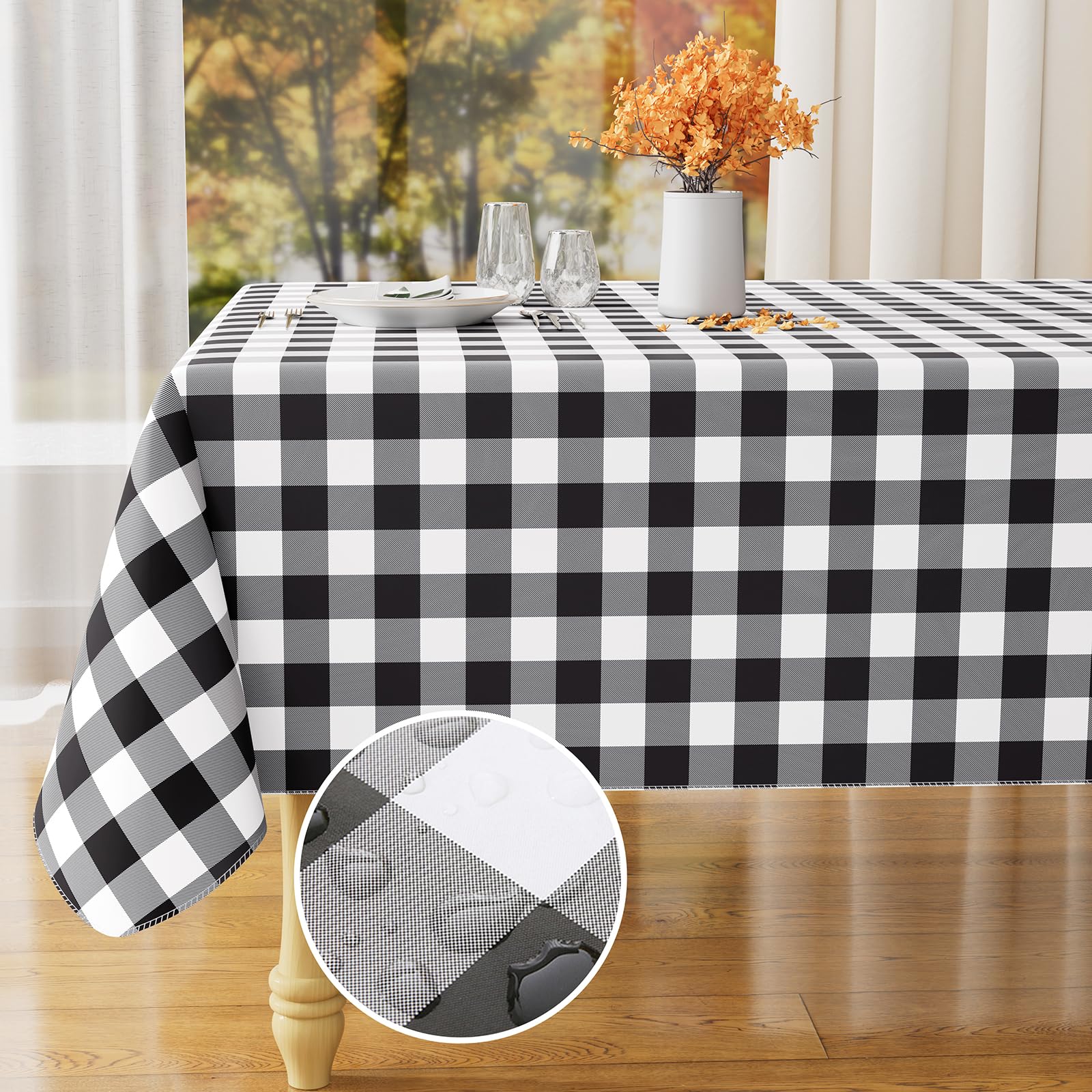 misaya Rectangle Waterproof Vinyl Table Cloth, Buffalo Flannel Backed Tablecloth, Wipeable Plastic Table Cover for Dinner, Kitchen, Outdoor (60" x 84", Black and White)