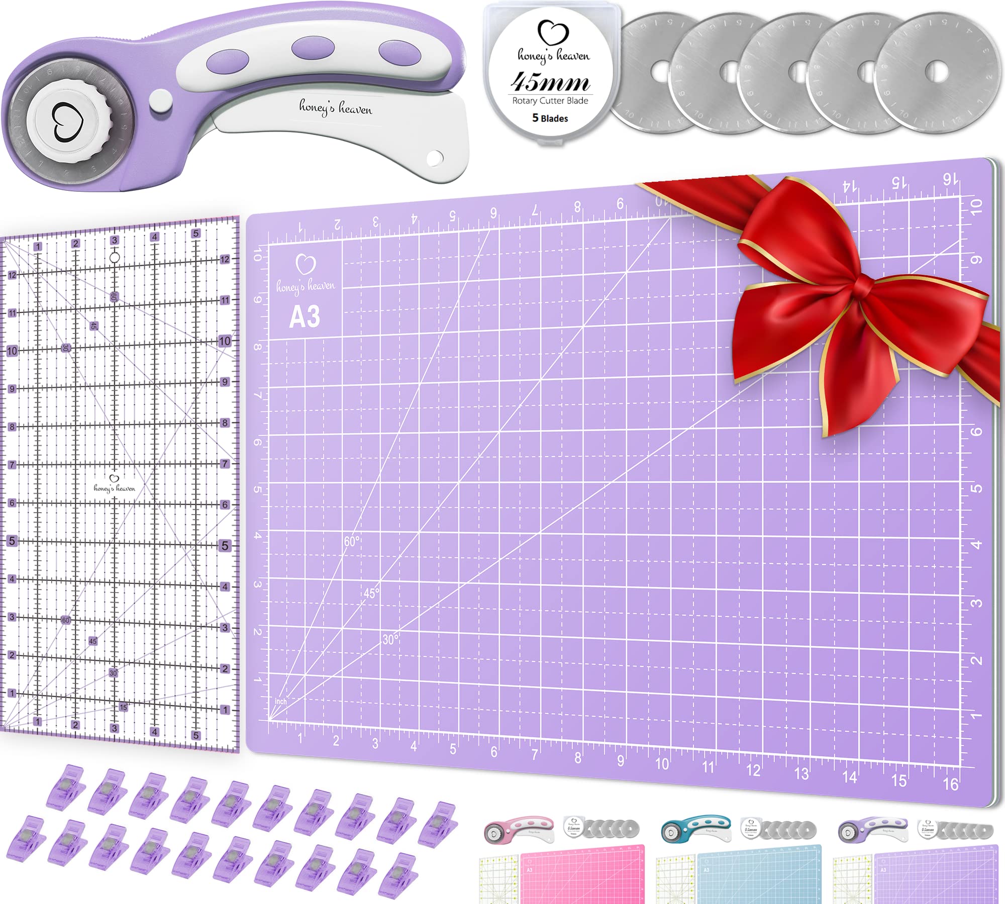 Rotary Cutter Set pink - Quilting Kit incl. 45mm Fabric Cutter, 5 Replacement Blades, A3 Cutting Mat, Acrylic Ruler and Craft Clips - Ideal for Crafting, Sewing, Patchworking, Crochet & Knitting x