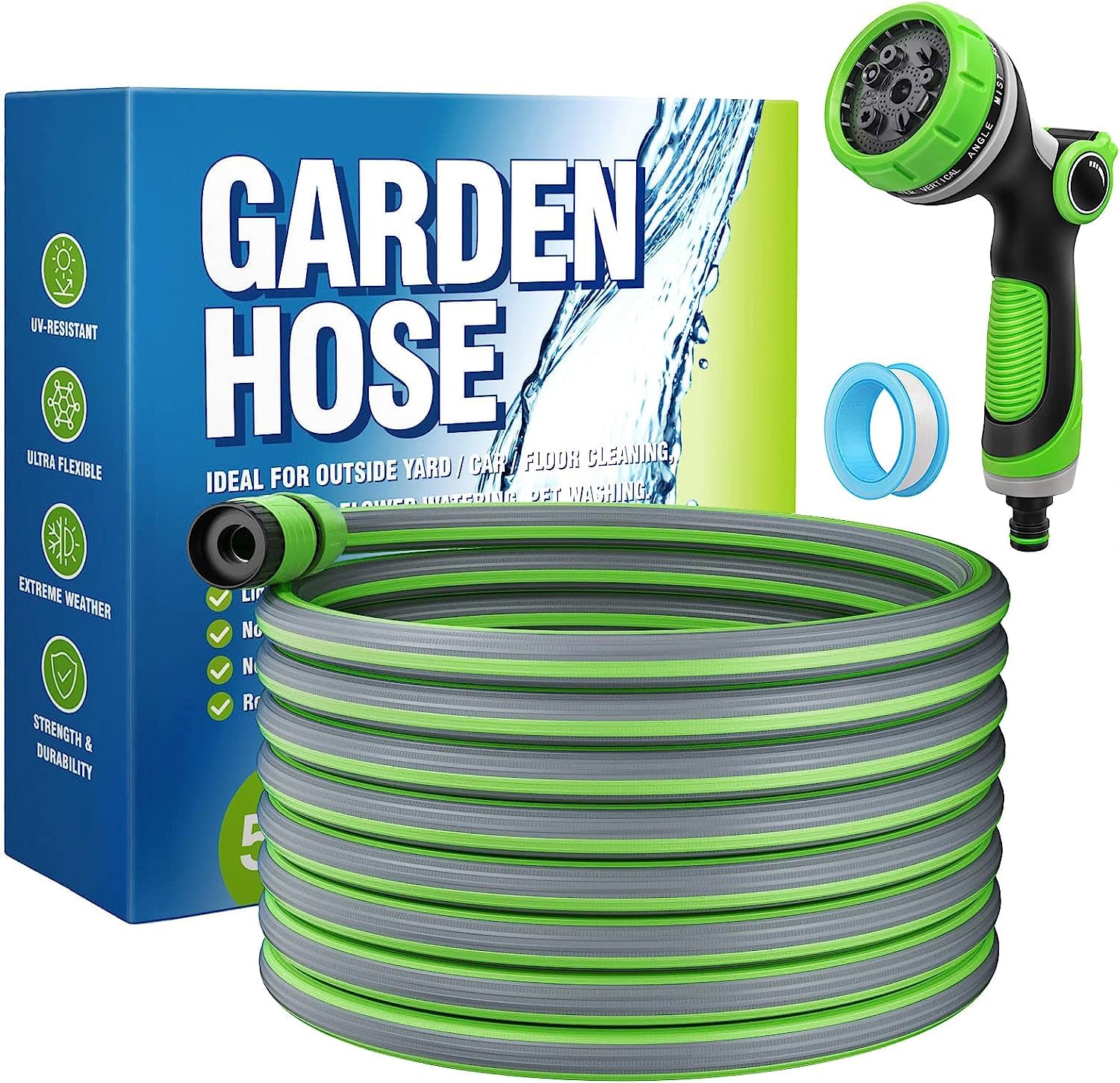 Expandable Garden Hose Water Pipe, 50FT Flexible Water Hose with 7 Function Spray Nozzle, Durable Triple Layer Latex Core Garden Hoses for Gardening Lawn Car Pet Washing