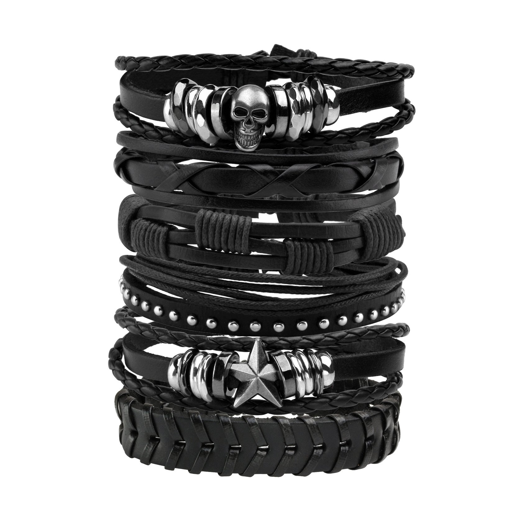 MILAKOO 6Pcs Punk Leather Bracelets for Women Men Braided PU Wristband Skull Skeleton Accessories