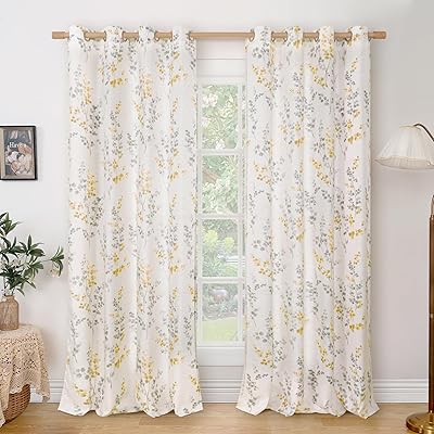 BGment 95 Inch Long Print Linen Curtains for Living Room 2 Panels, Boho Leaf Pattern, Light Filtering Privacy Floor Length Window Curtains for Farmhouse Dinging Room, Each 52 Inch Wide, Yellow