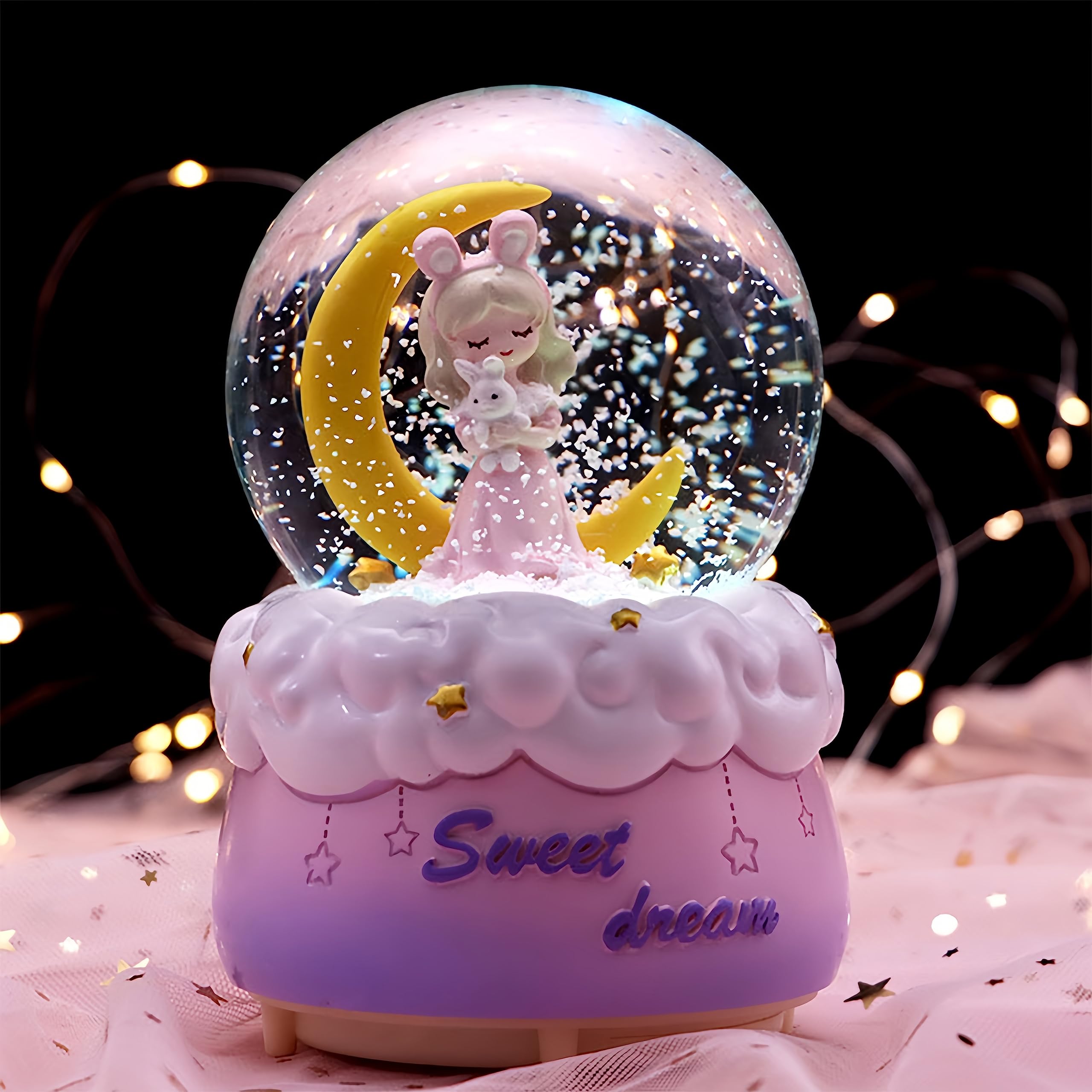 GoodernLuminous Princess Snow Globes,Eid Mubarak Ornaments Star Moon Snow Rotating Crystal Ball with LED Lights Resin Night Lamp Muslim Ramadan Gift Desktop Decoration for Festival Home Party-Purple