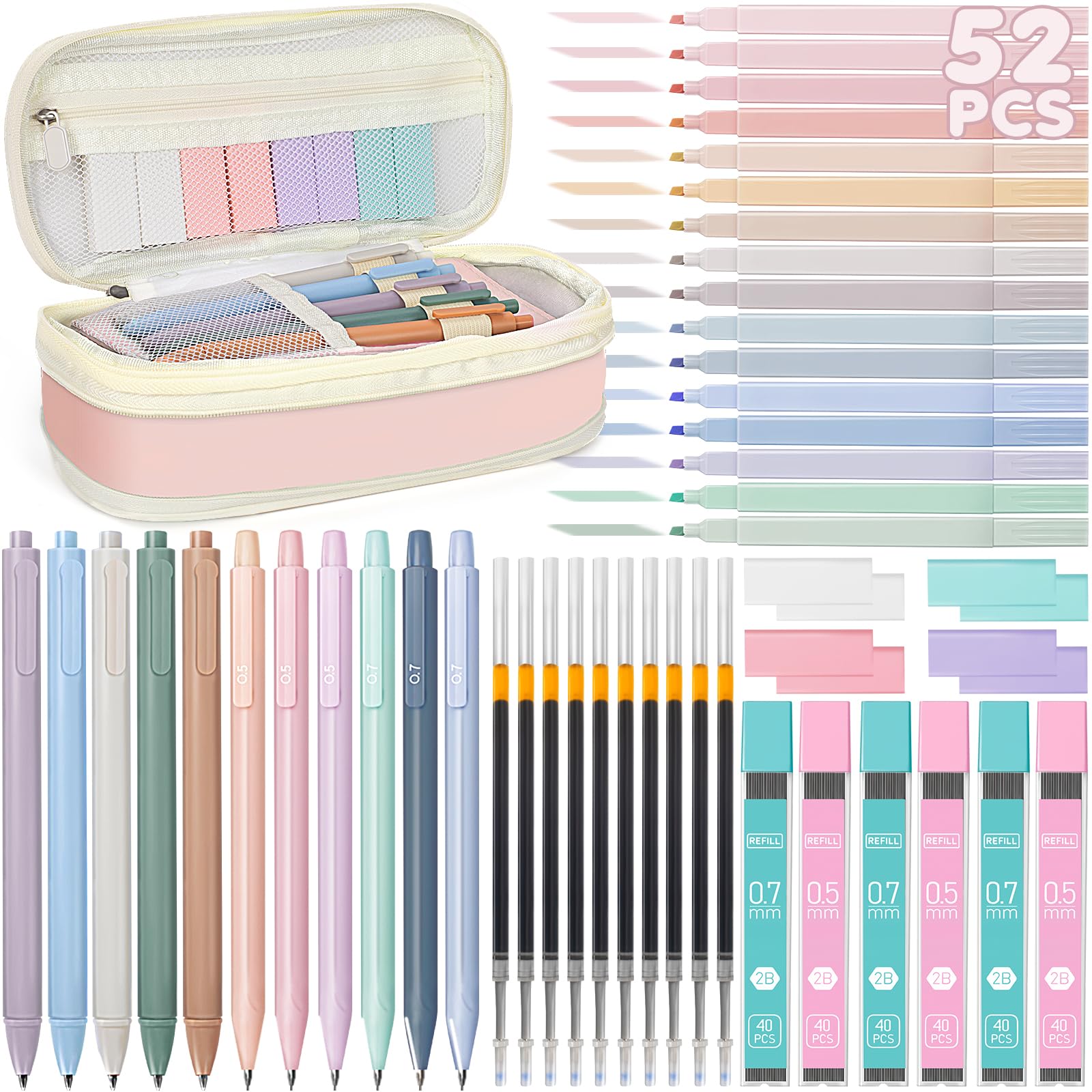 52 PCS Aesthetic School Supplies with Cute Pencil Case, Stationery Essentials with Pens Pencils and Pastel Highlighters Set,College Back to School Supplies for Teen Girls,Pastel Office Supplies-Pink