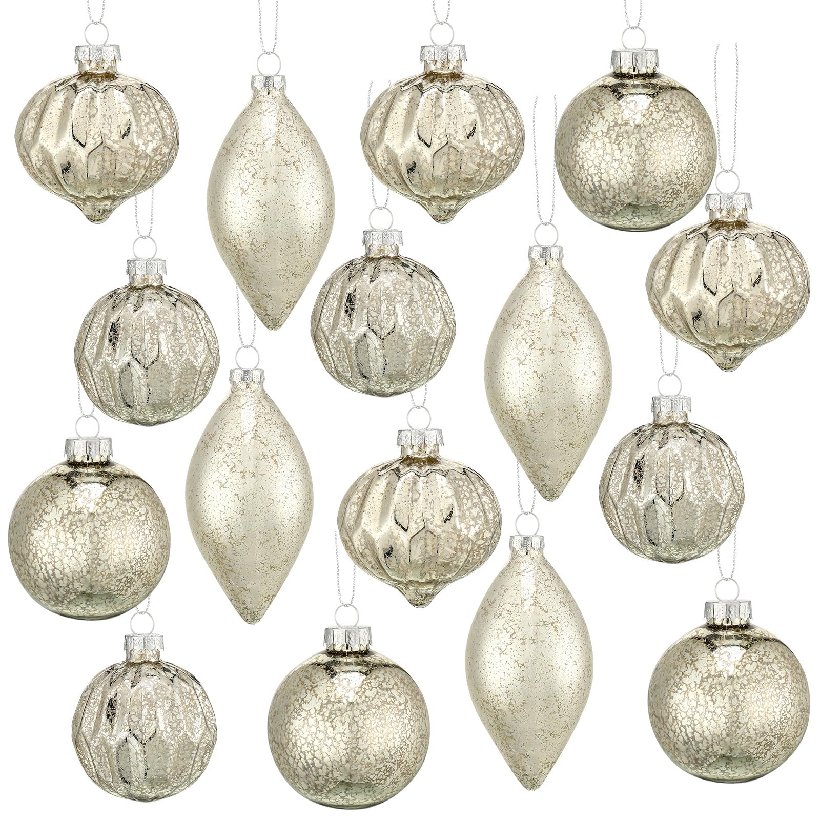 Layhit 16 Pcs Mercury Glass Christmas Ornaments Vintage Champagne Silver Hanging Christmas Balls Finials for Xmas Tree Wreaths Garland Decor Wedding Holiday Party, 4 Styles