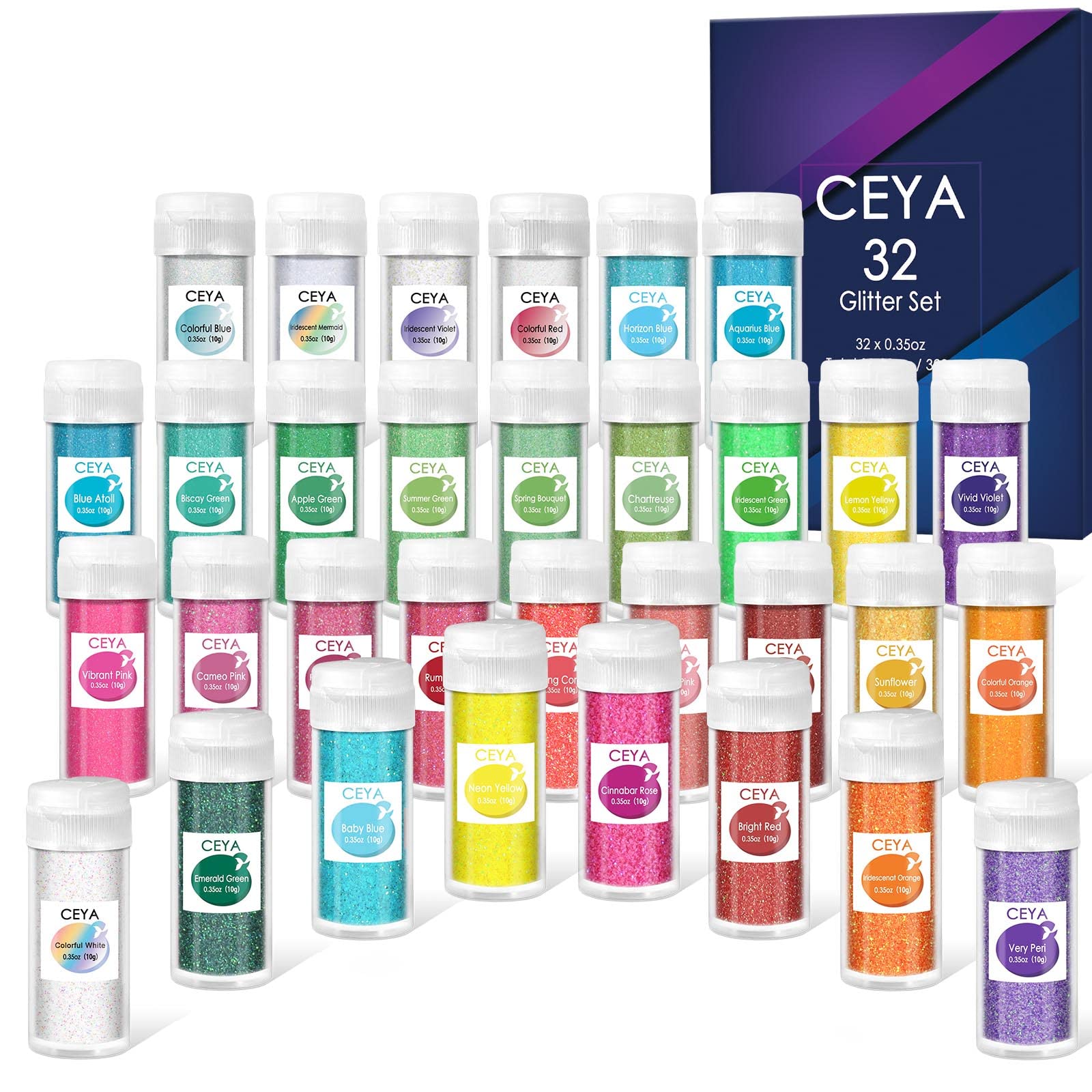 ceya Ultra Fine Glitter Powder Set 32 Colors, 11.28 oz/ 320g Craft Glitter 1/128'' 0.008'' 0.2mm for Slime Epoxy Resin Craft Tumbler Jewelry Nail Art Festival Makeup Painting Wedding Cards