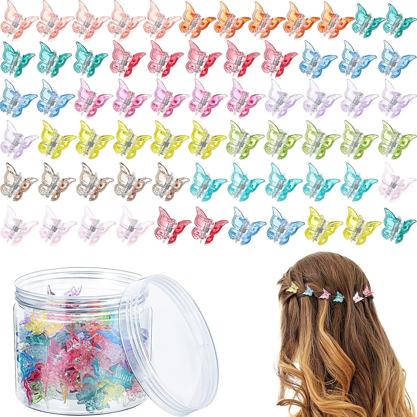 100 Butterfly Hair Accessories for Women - Mini Clips with Box, 90s Retro Style (Clear Color)