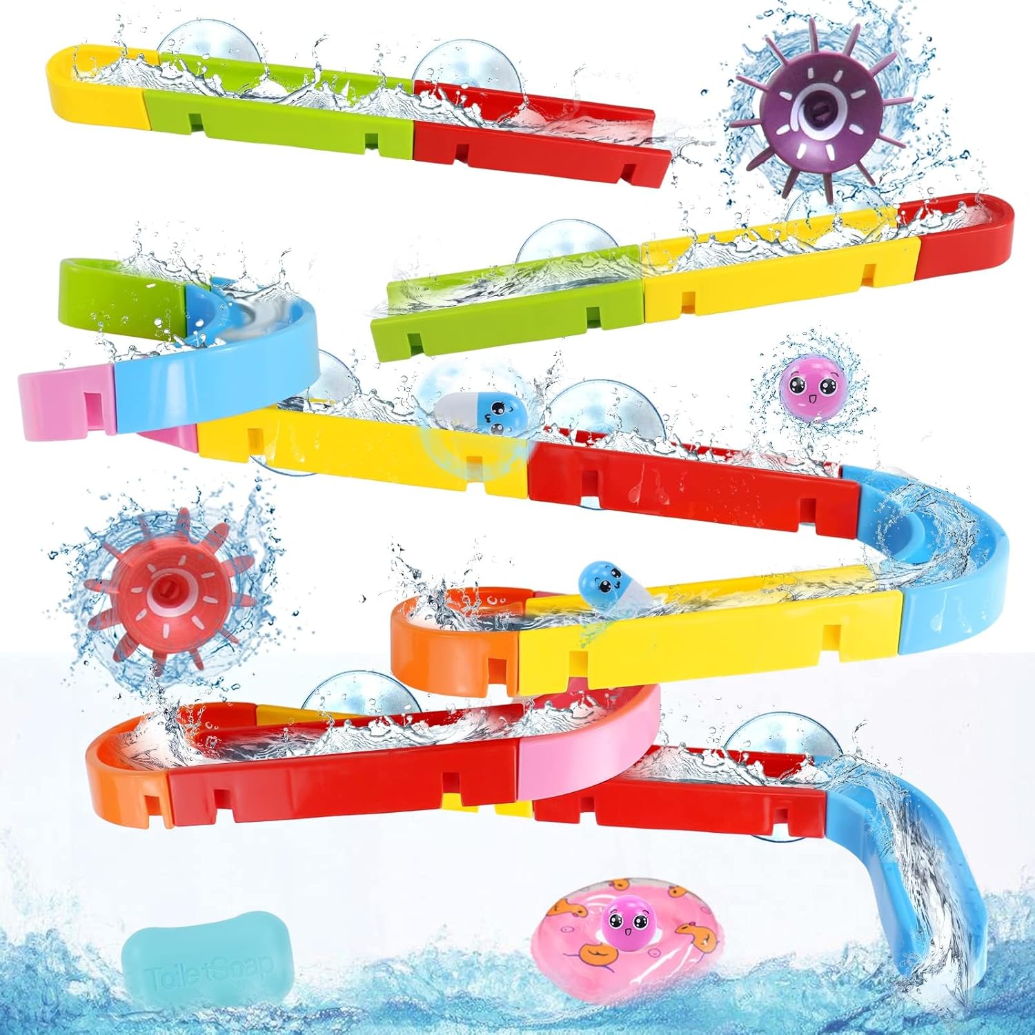 Photo 1 of Fajiabao Baby Bath Toys Slide Splash Water Ball Track Stick to Wall Bathtub for Toddlers DIY Waterfall Pipe and Tubes Tub Toys with Suction Wheels Gift for Kids Boys Girls Age 3 4 5 6 7 Years Old