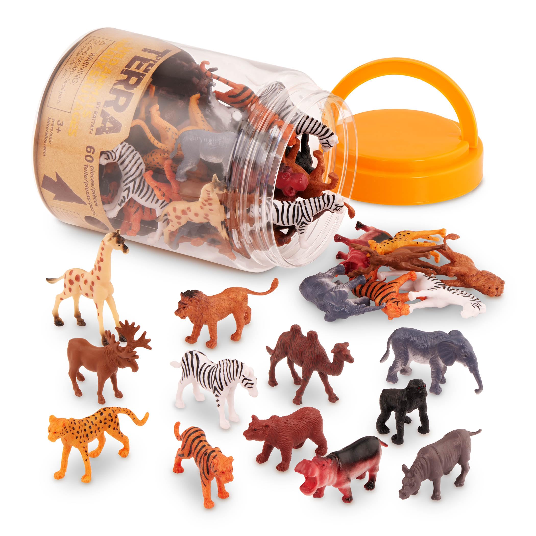 Terra by Battat – 60 Pcs Wild Creatures Tube – Realistic Mini Animal Figurines – Lion, Hippo, Tiger, Bear & More Safari Animals – Plastic Educational Toys for Kids and Toddlers 3 Years +