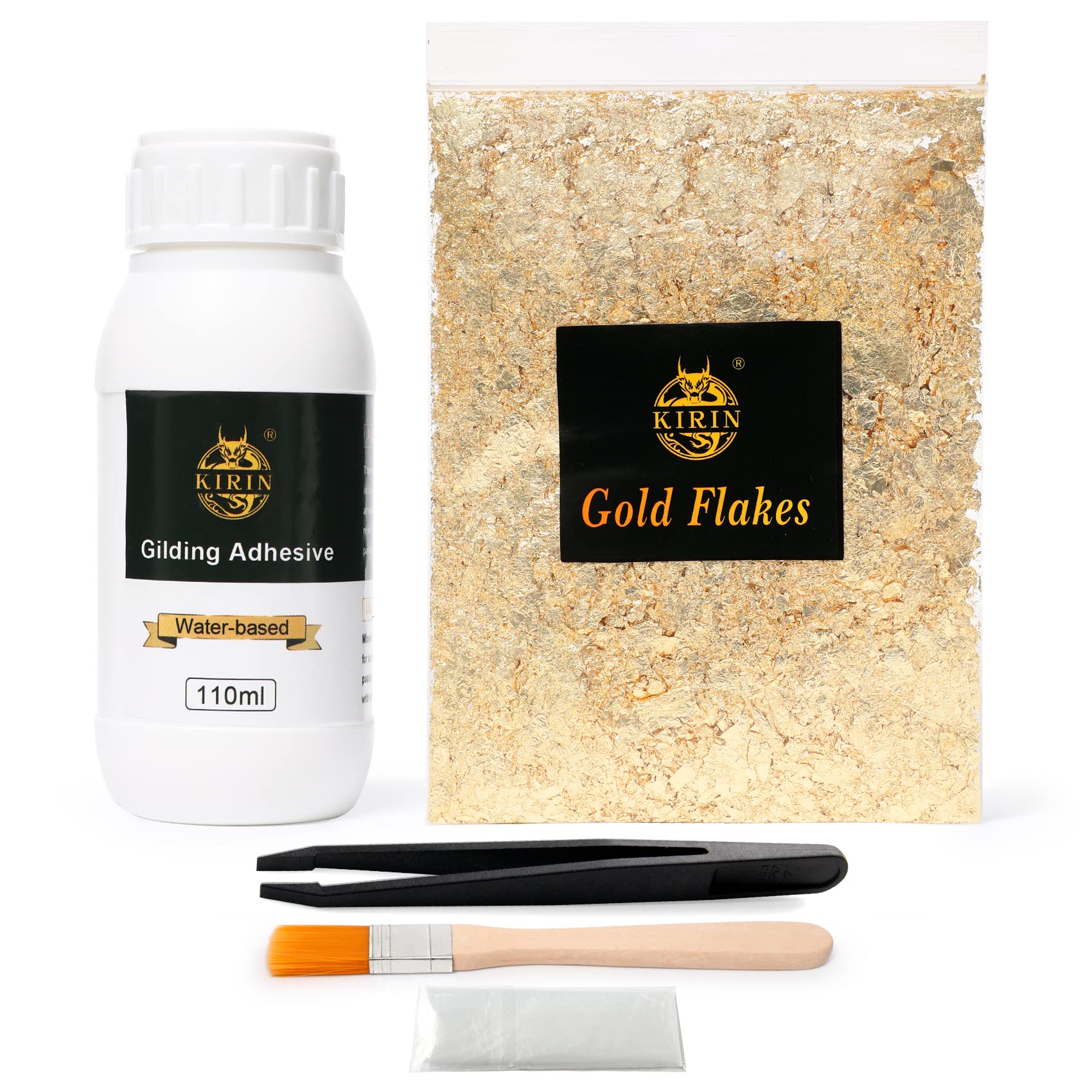 KIRIN Gold Leaf Kit, Gilding Adhesive 110ml, 5g Gold Flakes, 1 Brush, 1 Clip, 1 Glove, Gold Leaf Glue - Epoxy Resin Water Based Gold Leaf Adhesive Set for DIY Craft, Painting, Furniture and Arts