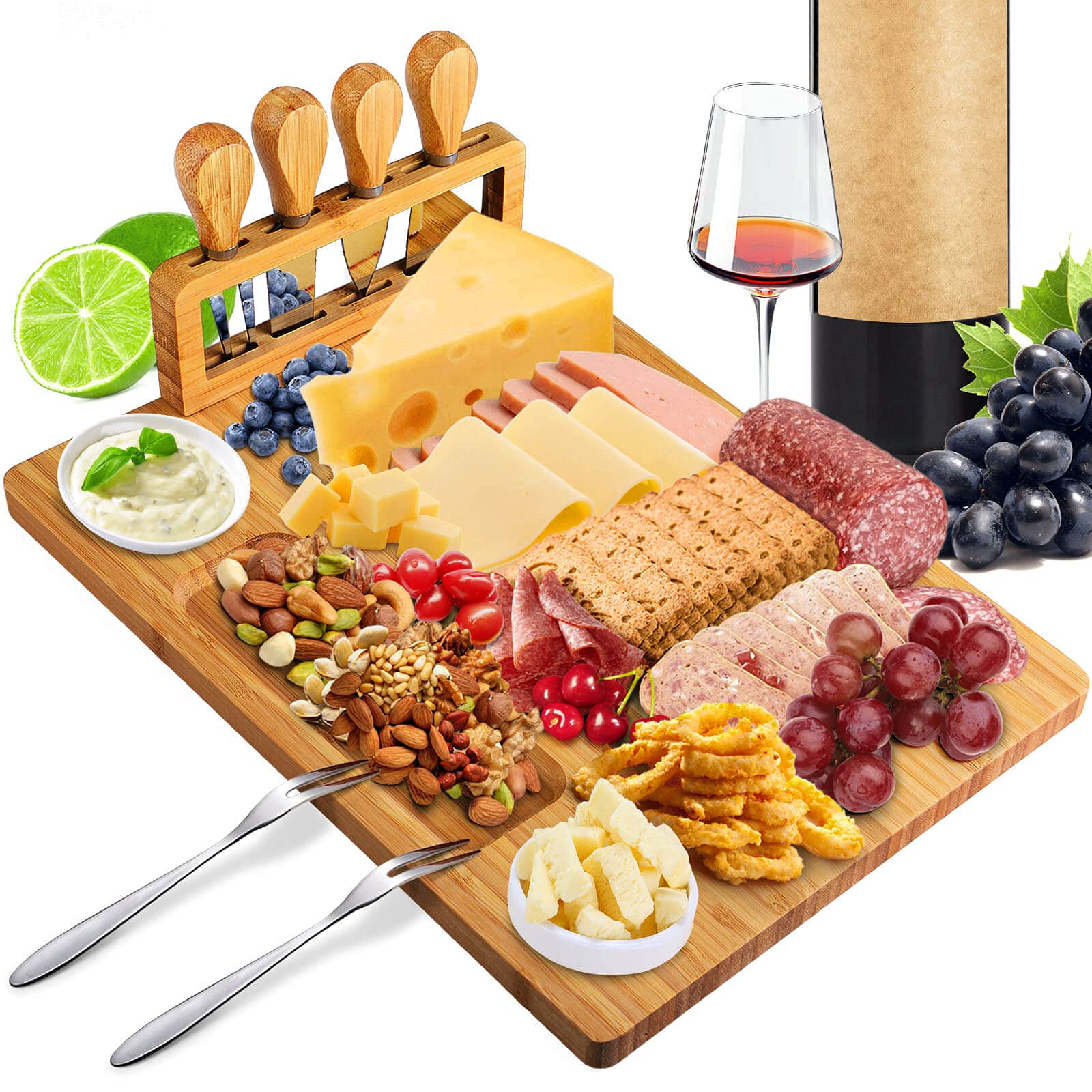 Xergur Bamboo Cheese Board Set - Charcuterie Board and Serving Meat Platter, Cheese Tray with 4 Stainless Steel Cheese Knives Cutting Board Platter, Ideal for Halloween, Wedding, Christmas Gifts