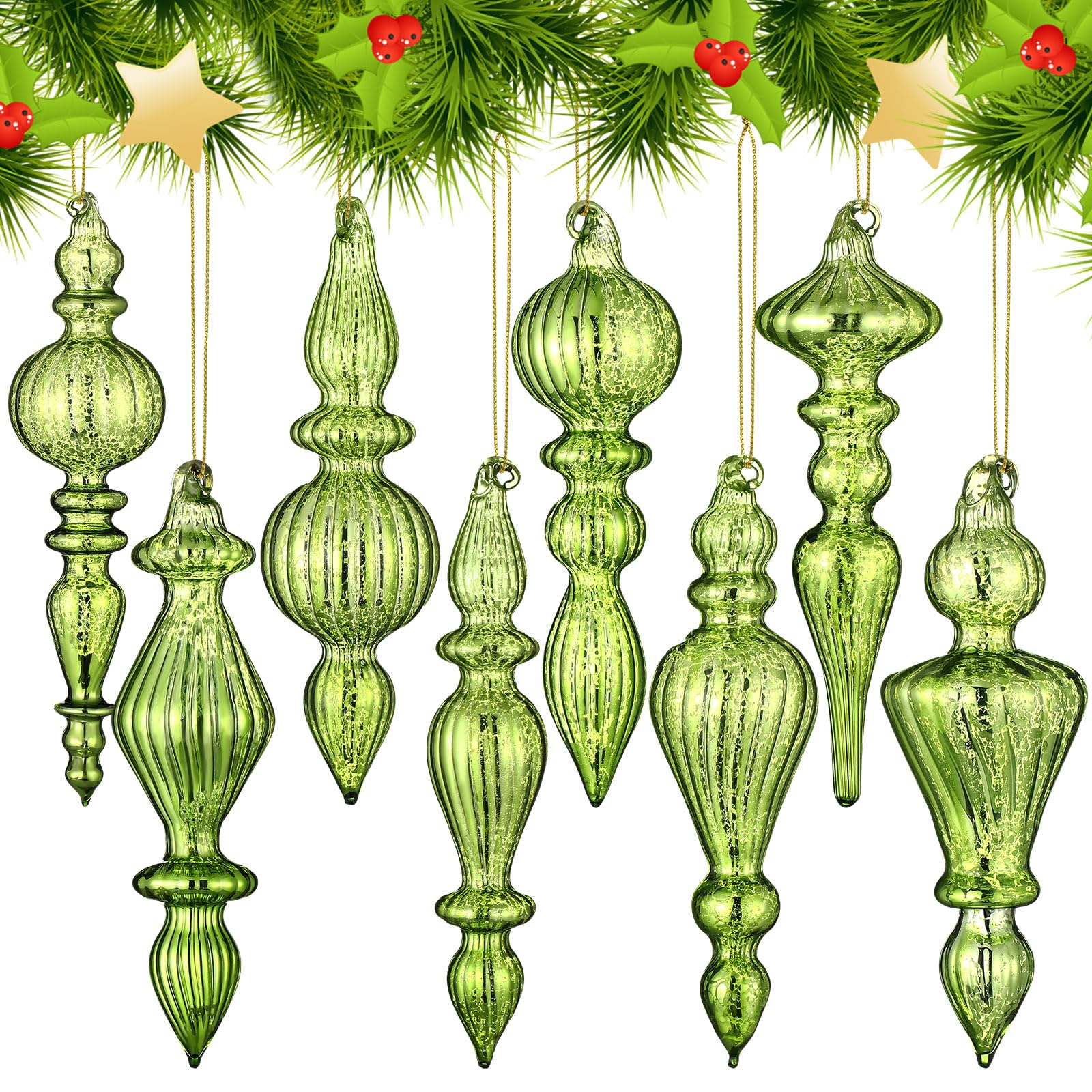 Mifoci 8 Pcs 6 Inch Mercury Glass Finial Christmas Ornaments Hanging Christmas Finials Glass Ornaments Assorted Mercury Glass Decor for Vintage Holiday Christmas Tree Decoration (Fresh Green)