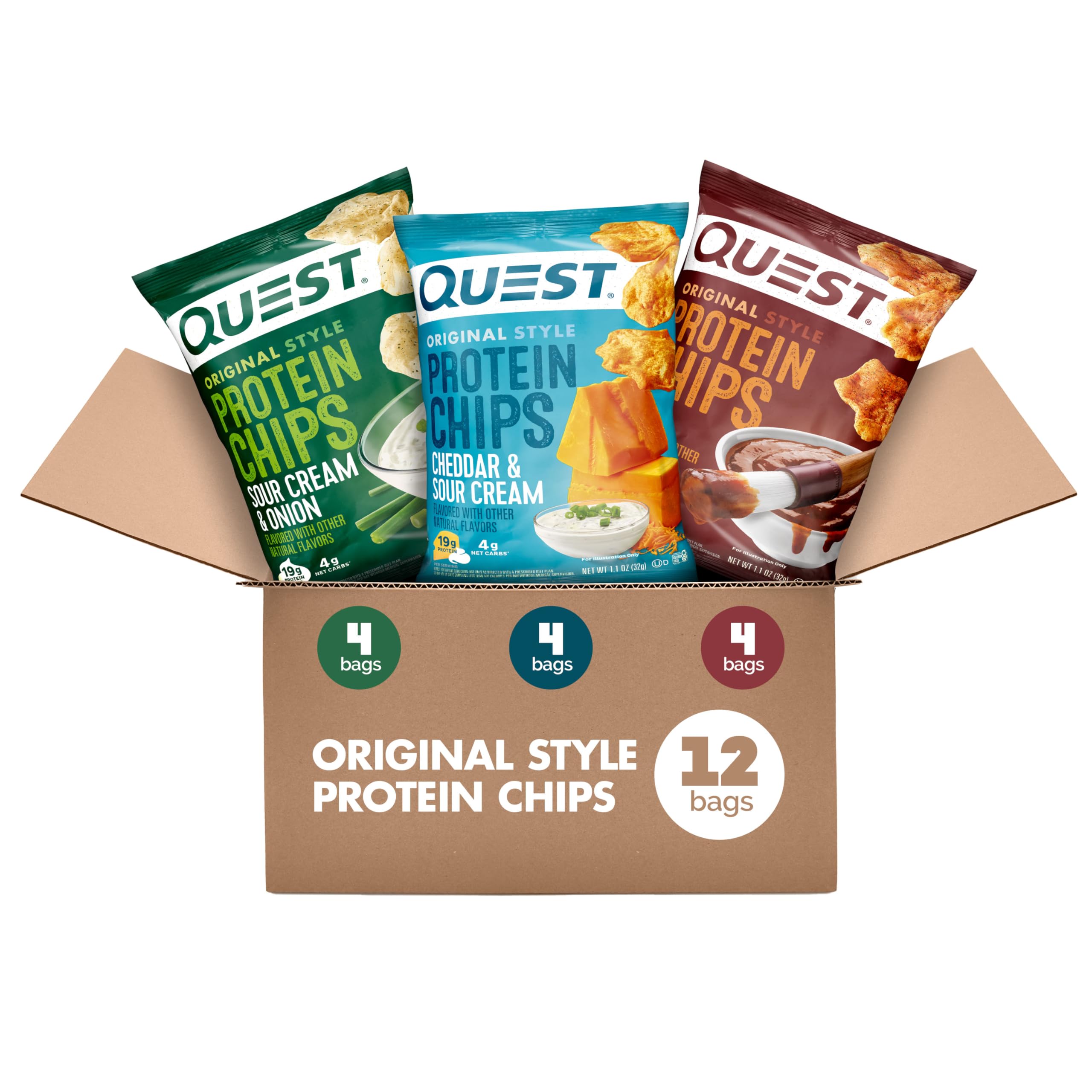 Quest Nutrition Protein Chips Variety Pack, BBQ, Cheddar & Sour Cream, Sour Cream & Onion, High Protein, Low Carb, 1.1 oz (Pack of 12)